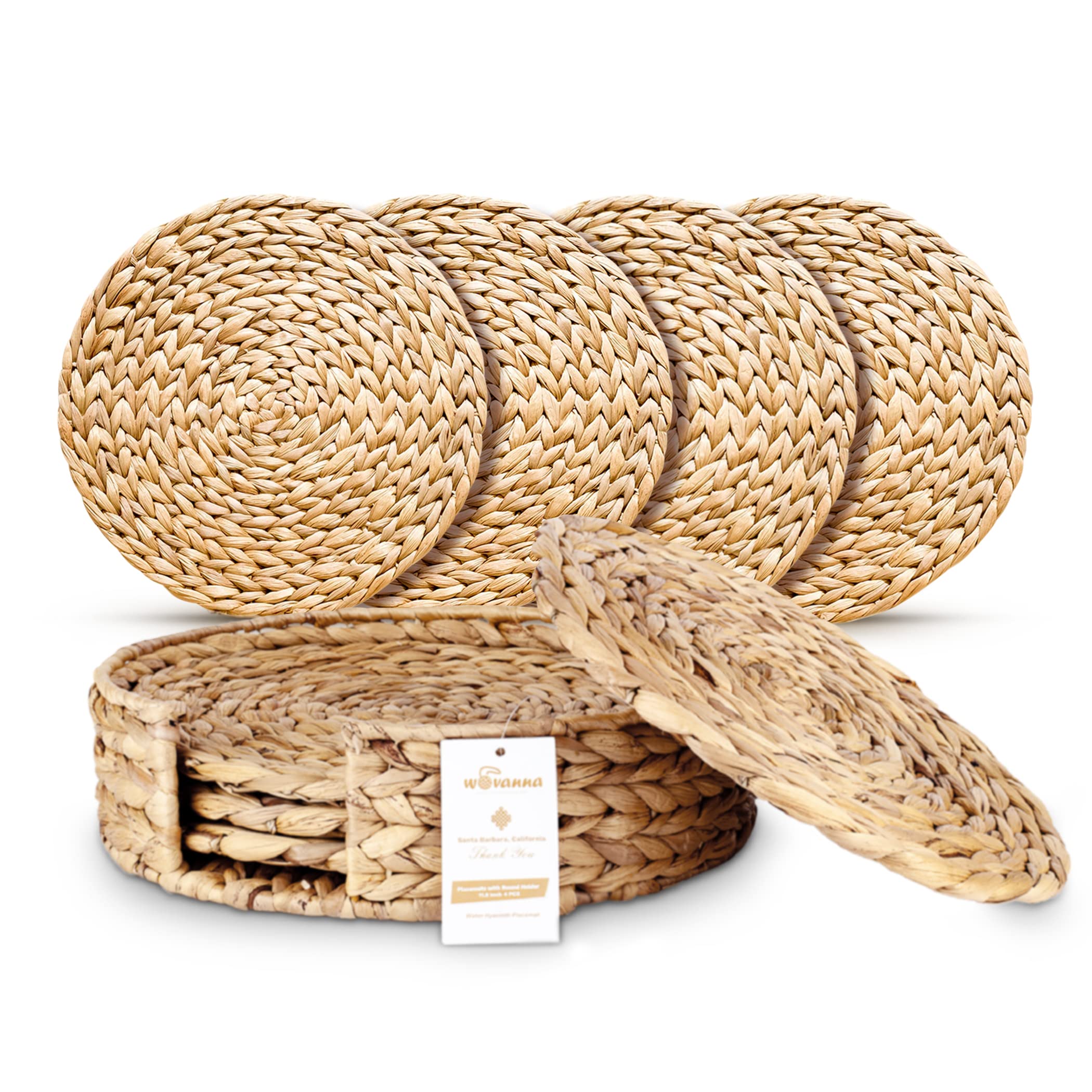Wovanna Woven Placemats for Dining Table - Set of 4 Adorable Thick Rustic Round Kitchen Placemats with Decorative Round Holder – All Natural Wicker Tablemats Hand-Braided from Water Hyacinth, 11.8"