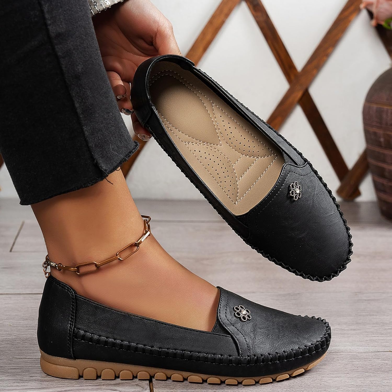Orthopedic Shoes for Women,Leather Flowers Arch Support Flats Slip On Loafers No Heel Round Toe Wide Width Lightweight Sneakers Walking Casual Dressy Vintage Outdoor Comfortable Shoe - Image 5
