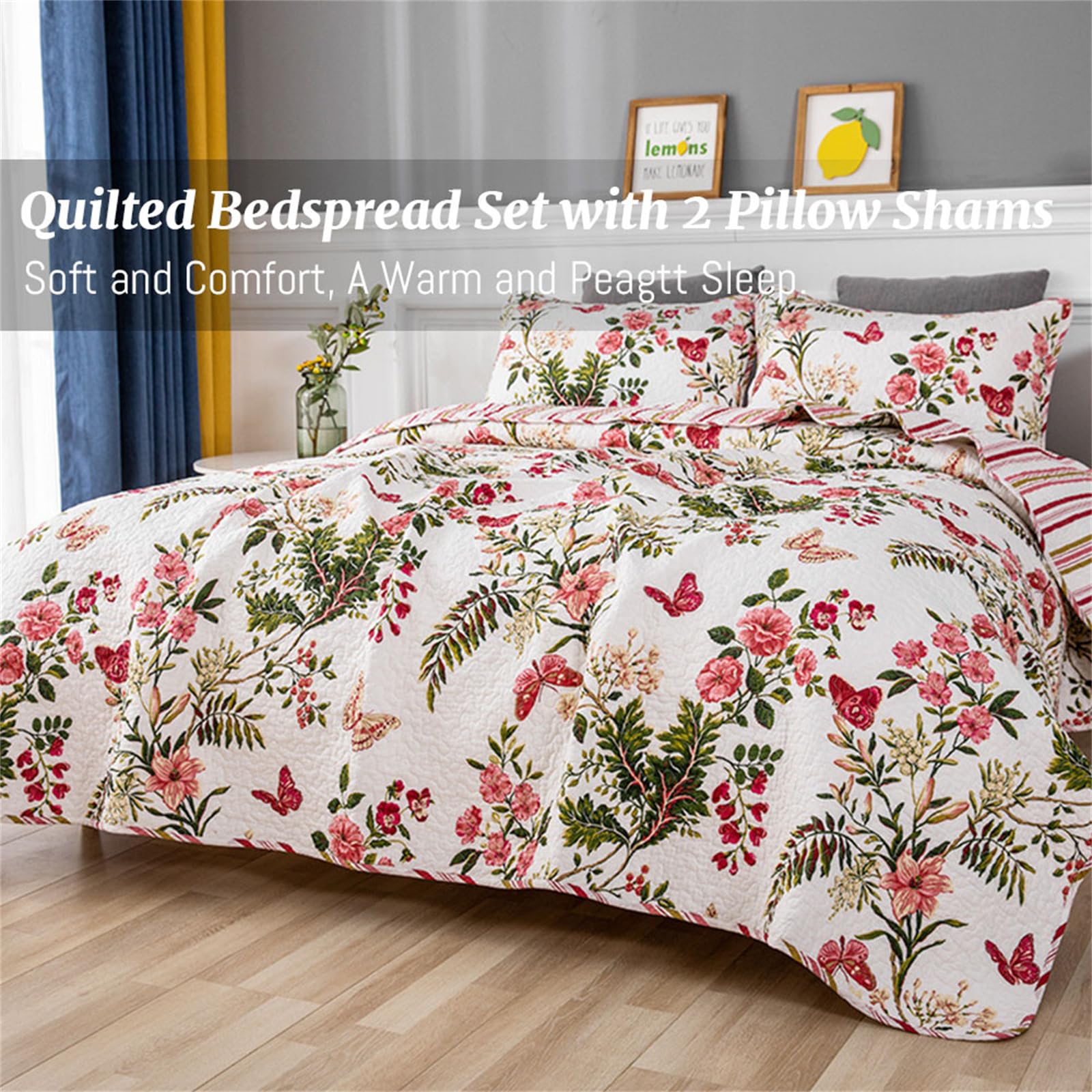 Odot Colcha Verano para Cama 230, Colcha Bouti Fina con 2 Fundas de Almohada Colcha Acolchado Ligera Suave para Colcha Cubre Cama Multiusos (230 * 250+50 * 70cm,Mariposa)