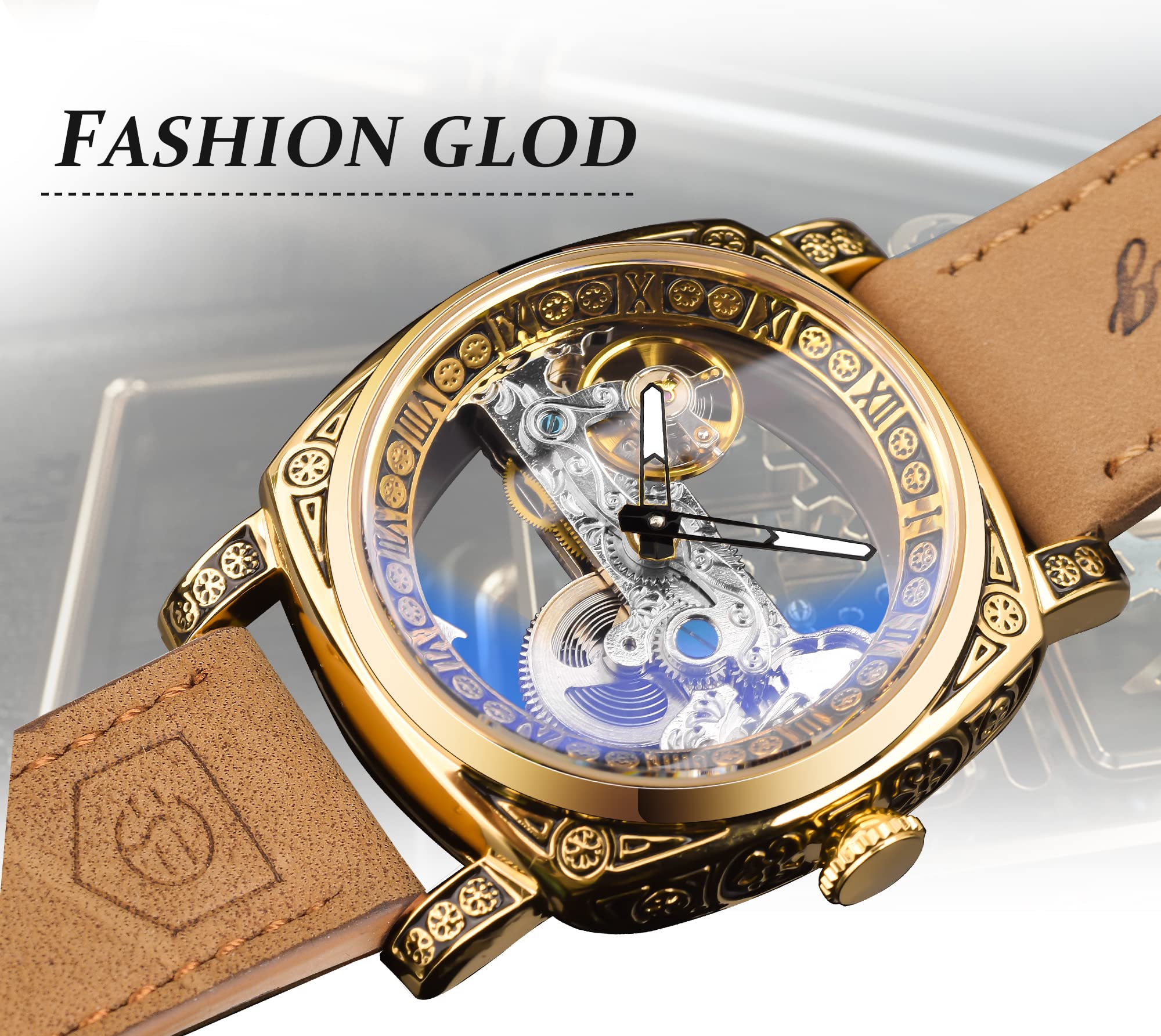 FORSINING Relojes de pulsera para hombre, diseño clásico de esqueleto cuadrado transparente, automático, mecánico, de cuero, luminoso, resistente al agua