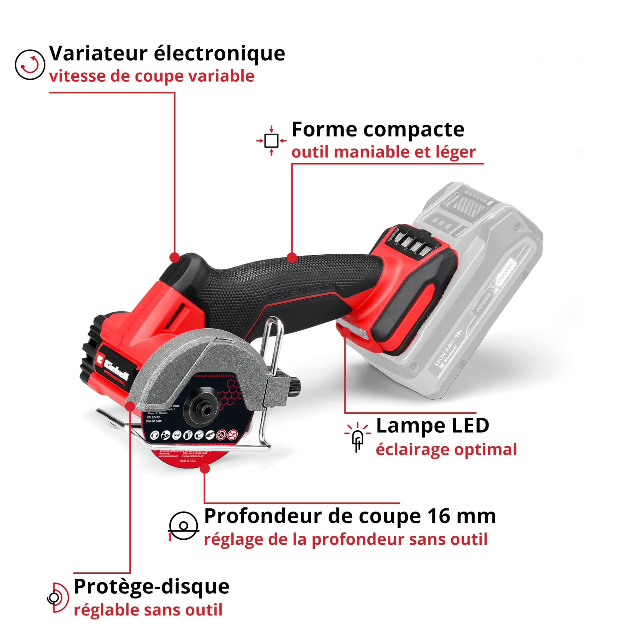 Einhell Professional Mini meuleuse sans fil TP-CO 18/76-C Li BL-Solo (18V, moteur sans charbon, disque Ø 76 mm, profondeur de coupe 16 mm, profondeur réglable, 4 disques de coupe incl., sans batterie)