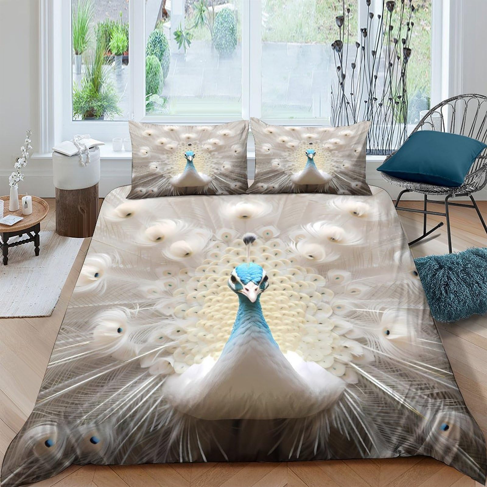 Ctjqhvkz Style-8 3D Printed Elegant Peacock Fitted Sheet Microfiber Soft Breathable White Feather Mattress Cover For Bedroom Guest Decor Single（135X200cm）