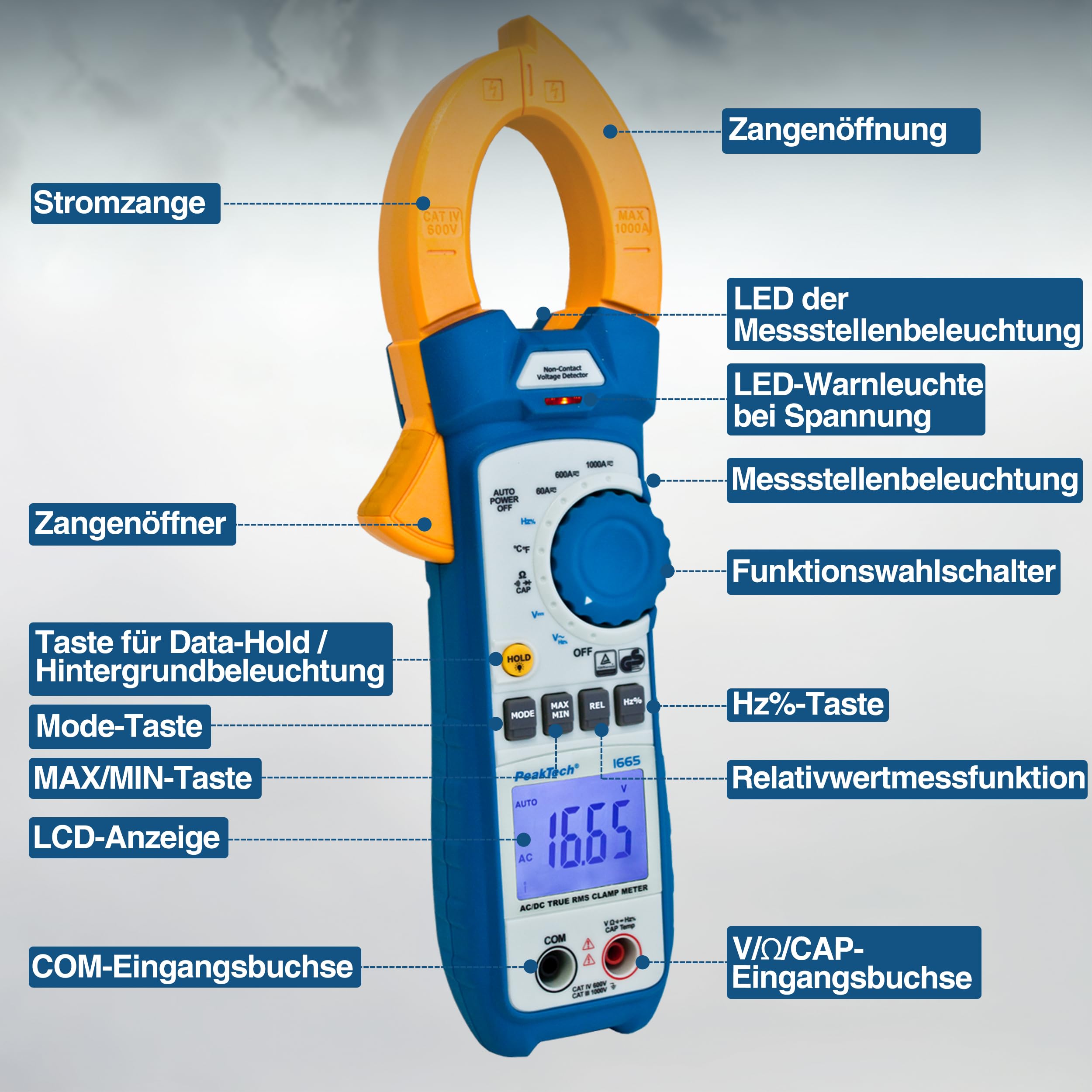 PeakTech 1665 – szczypce prądowe True RMS 1000 A AC/DC z lampą LED, 6000 odcinków, cyfrowy multimetr, miernik szczypiec, miernik prądu, miernik natężenia prądu, próbnik przelotowy – maks. 1000 V