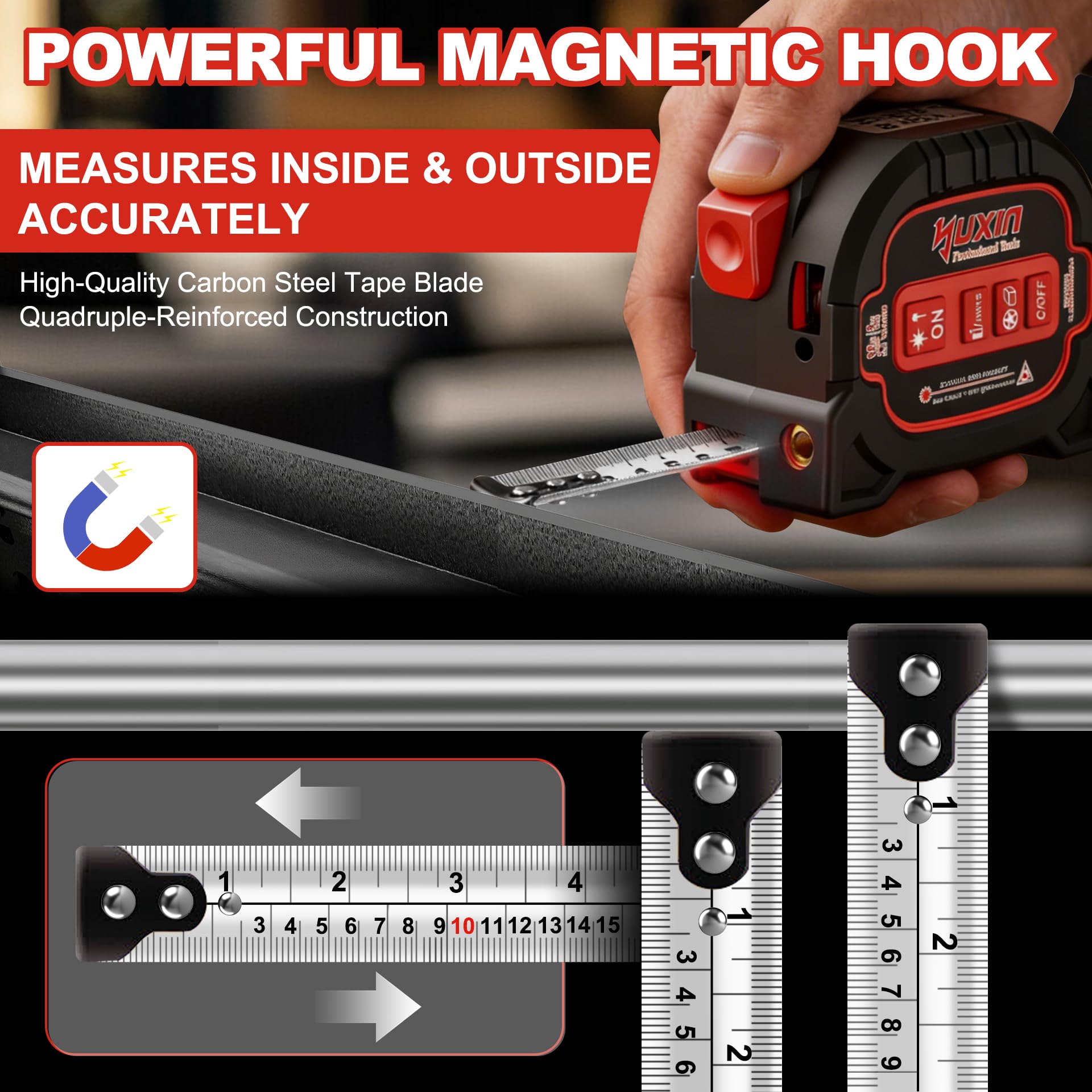 Mètre ruban laser 3 en 1 – Distance laser maximale de 69,7 m et ruban à mesurer autolock de 4,9 m, précision professionnelle ± 0,6 cm, rechargeable de type C, crochet magnétique, 6 modes pour la