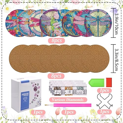 Miniatura 2 de KJMYYXGS 8 posavasos de pintura de diamante con soporte, kit de posavasos de pintura de diamante de libélula, posavasos de bricolaje con base de