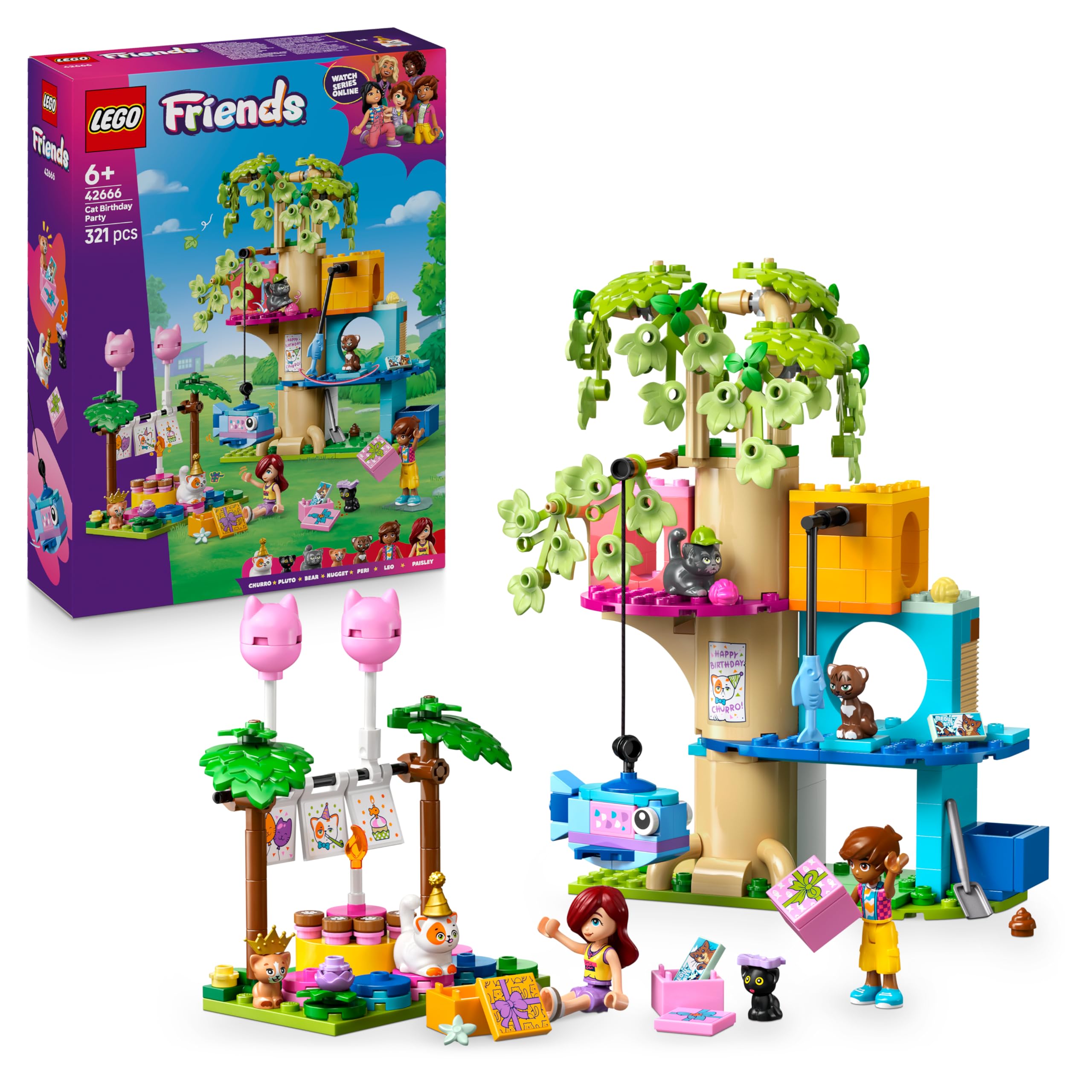 LEGO Friends La Fête d'Anniversaire et l'Arbre à Chats - Jeu de Construction - 2 Mini-​Poupées, 5 Figurines d'Animaux, Table Pivotante, Pinata & Accessoires Amusants - Cadeau Original Fille 6 ans 42666