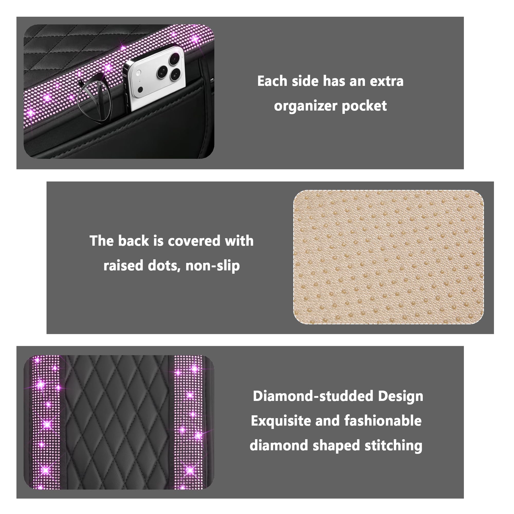 Stacool Upgraded Car Center Console Cover with Rhinestones,Microfiber Leather Car Armrest Cover Cushion with 2 Storage Bags,Universal Cars Armrest Storage Box as Cars Interior Accessories view 3