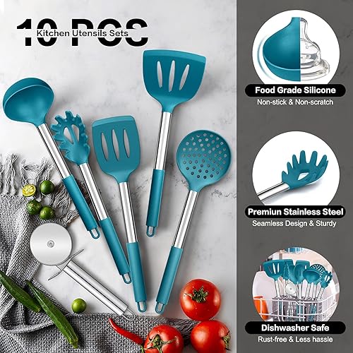 Miniatura 3 de P&P CHEF - Juego de 10 utensilios de cocina de silicona resistente al calor con mango de acero inoxidable, incluye espátula, cuchara, pinzas,