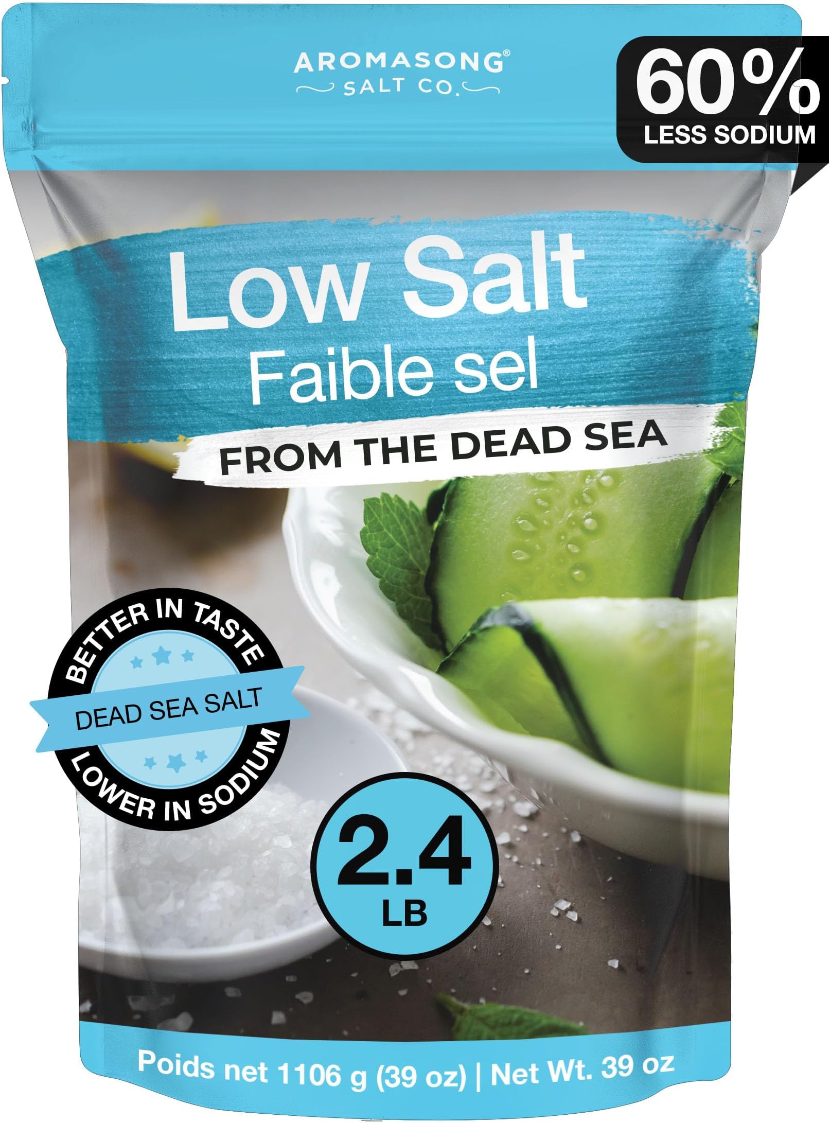 Aromasong Low Sodium Sea Salt 100% Natural Fine Grain Dead Sea Potassium Chloride with Dead Sea Salt, 39 oz (1106 g)