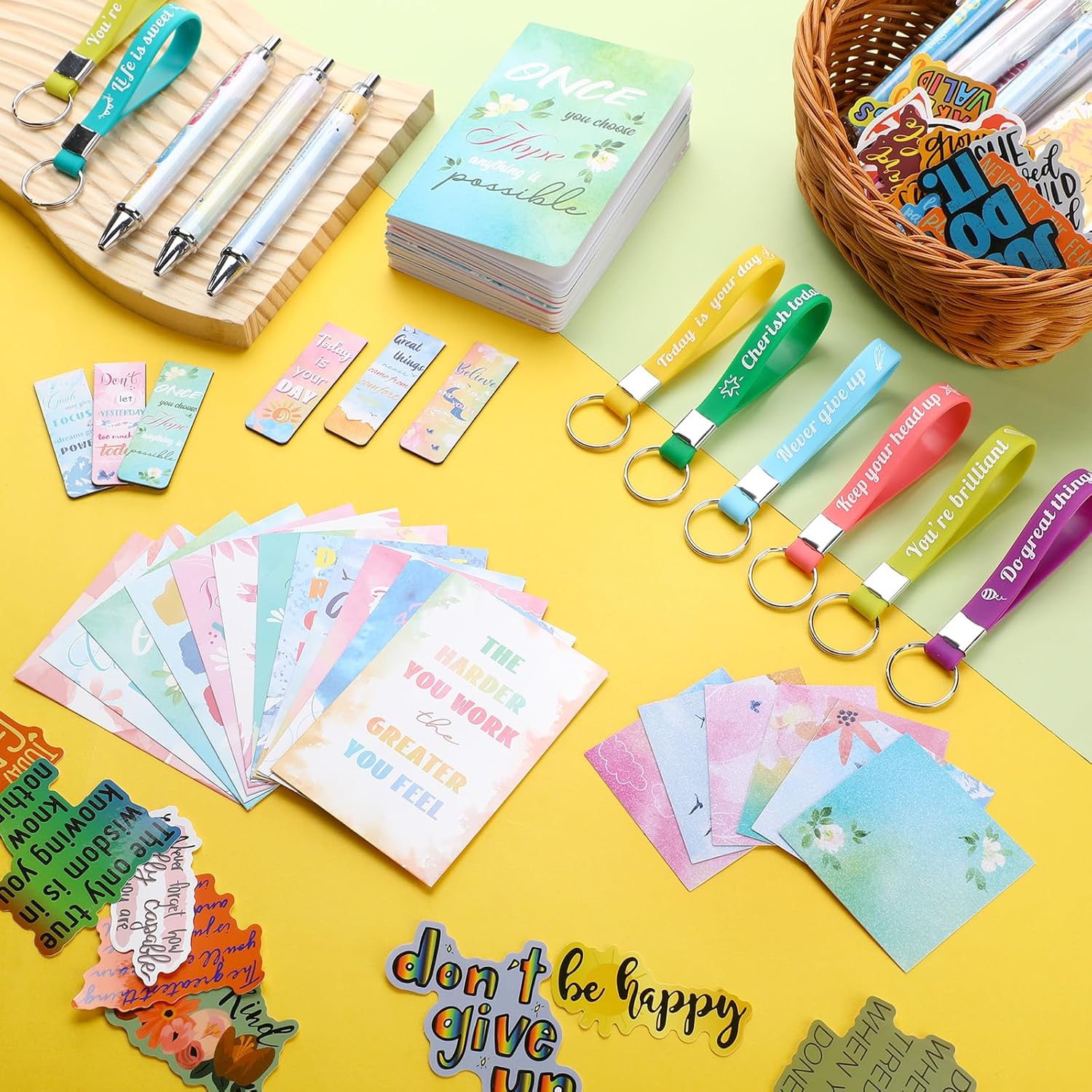 Pasimy 218 Pcs Inspirational Stationery Gifts Motivational Mini Notepad Pen Quote Bookmarks Stress Relief Stickers Inspiring Silicone Keychains for Adult School Office Appreciation (Watercolor) - Image 4