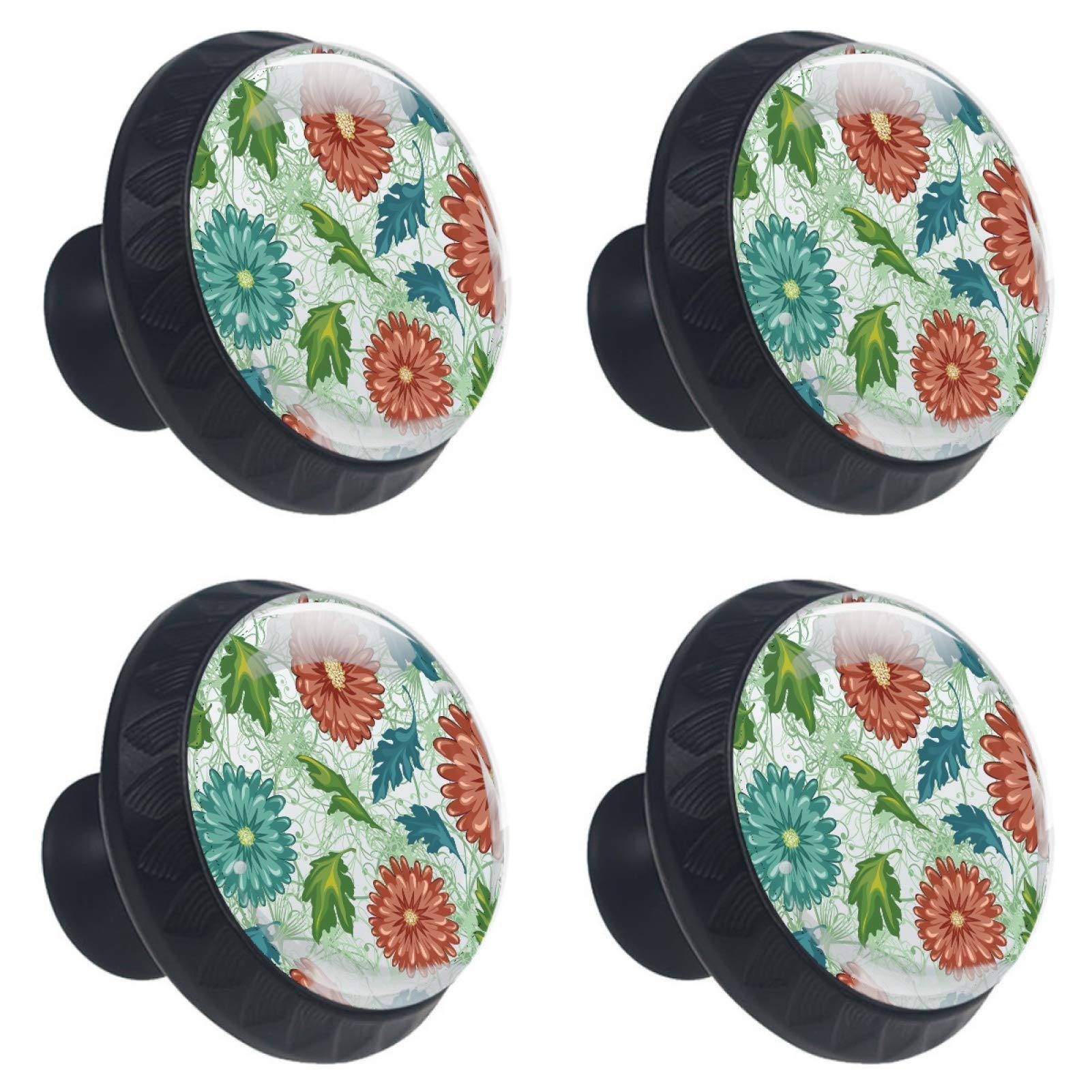 Boutons en verre pour cuisine et armoire aux motifs de fleurs champêtres x4