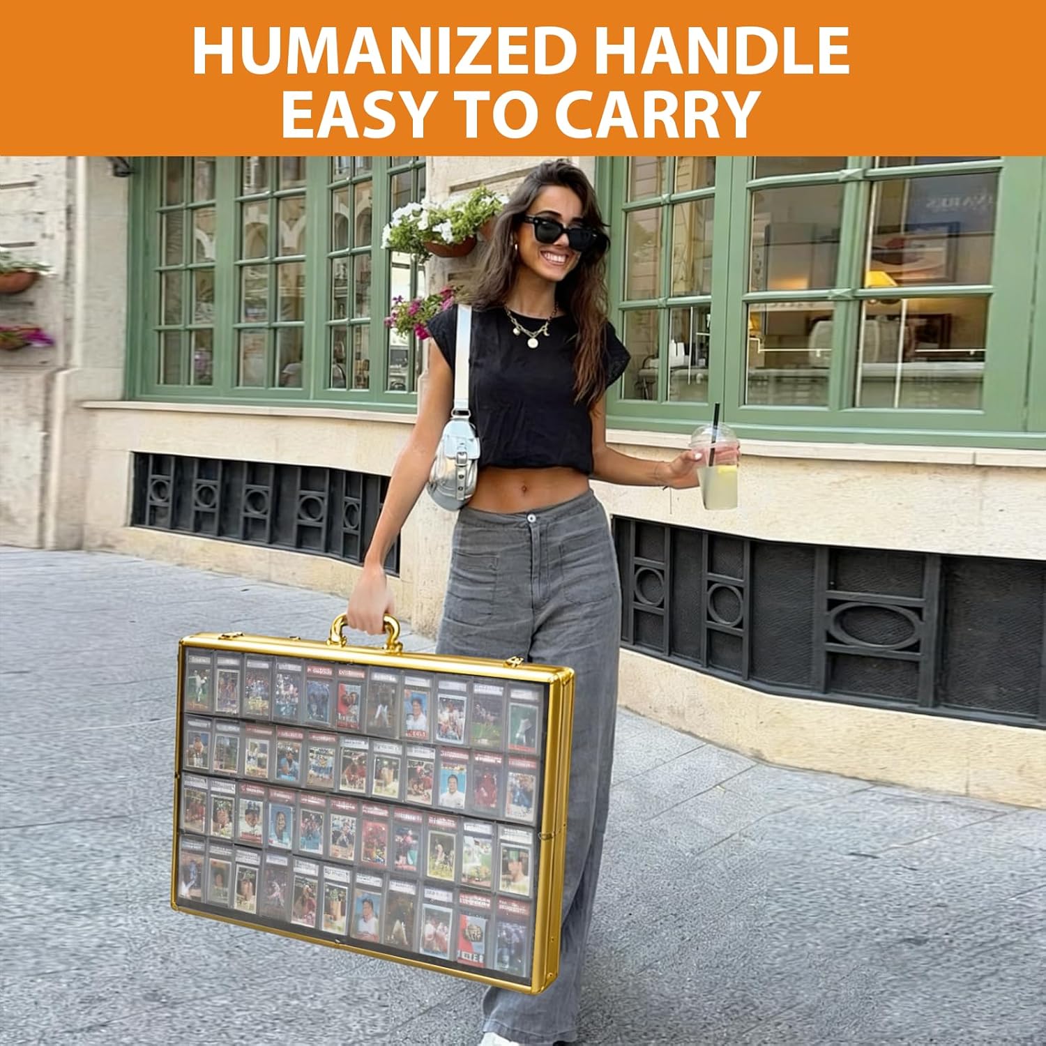 34"x22" Card Show Display Case,Portable Aluminum Trading Card Display Case,Clear Acrylic Card Box with Locks Suitable for Sports Card/TCG/Jewelry Collection (Golden)