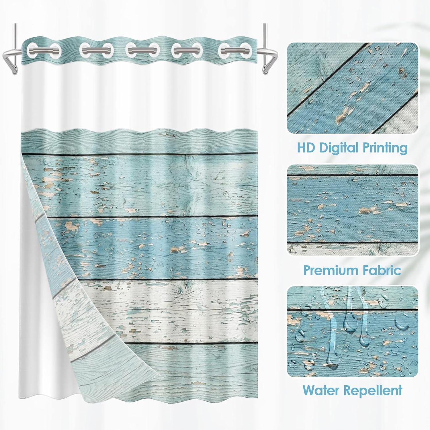 No Hook Rustic Coastal Farmhouse Shower Curtain with Snap in Fabric Liner Set, Vintage Blue Double Layers Waterproof Fabric with See Through Top Window Open Grommet Bath Curtain 71x74 Inch
