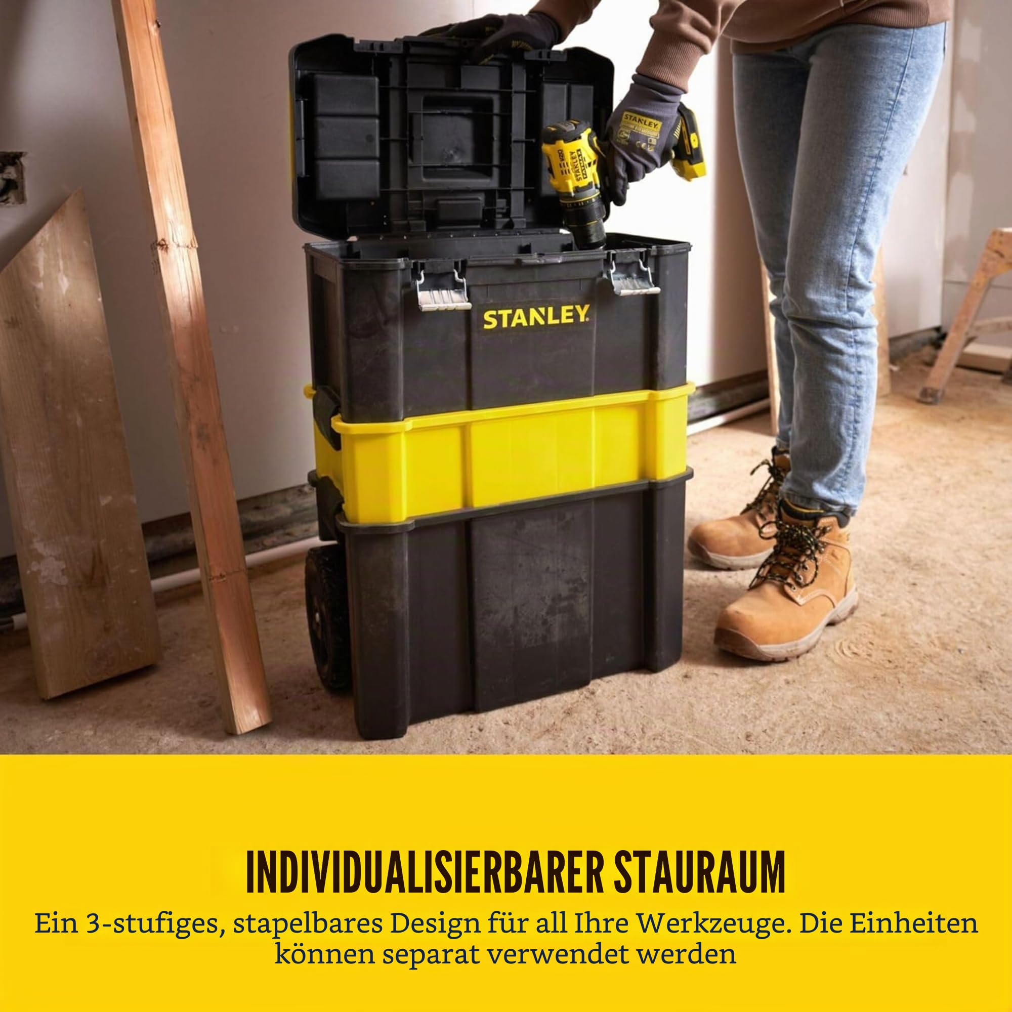 STANLEY Essential Rollende Werkstatt (3-in-1 stapelbare Boxen, leerer Werkzeugkasten, belastbar bis zu 20kg, mit Metallverschlüsse, Organizer für Kleinteile im Deckel) STST1-80151
