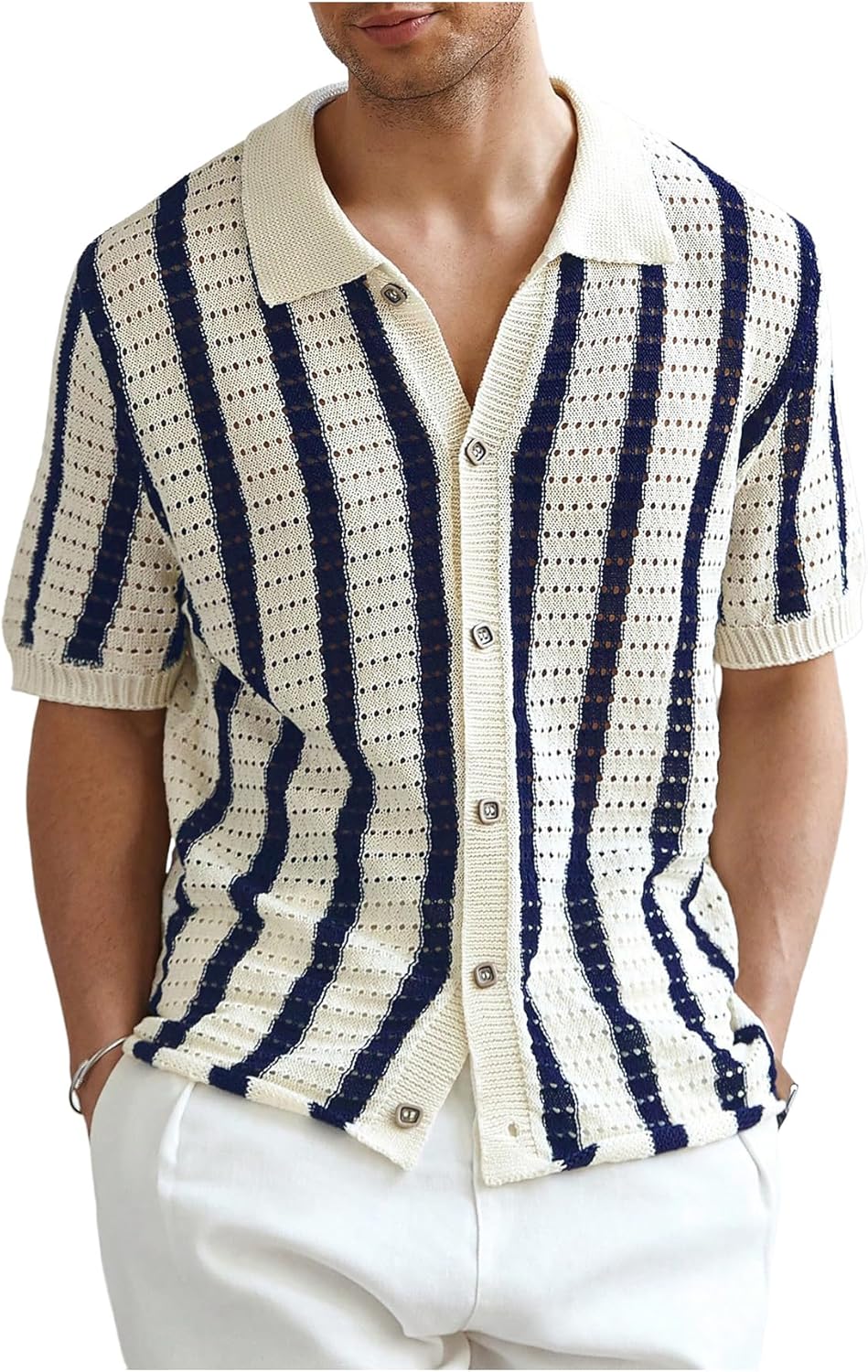 Verdusa Men's Striped Crochet Short Sleeve Sweater Button Down Shirts Hollow Out Collared Knit Tops