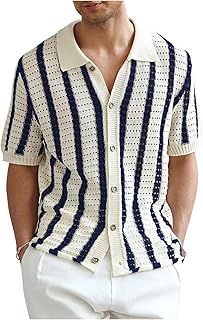 Verdusa Men's Striped Crochet Button Down Shirts Hollow Out Half Sleeve Collared Knit Tops Price In India
