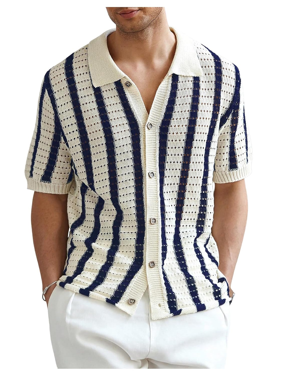 Verdusa Men's Striped Crochet Button Down Shirts Hollow Out Half Sleeve Collared Knit Tops - Review, Price and Buying Guide