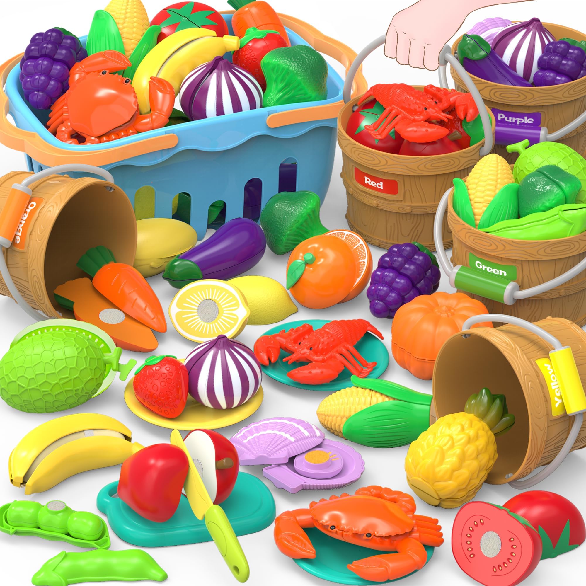 Cutting Play Food Toys for Kids, Pretend Play Kitchen Accessories, Cutting Food Sorting Toy, Fake Fruits/Vegetables Set with Shopping Storage Basket,