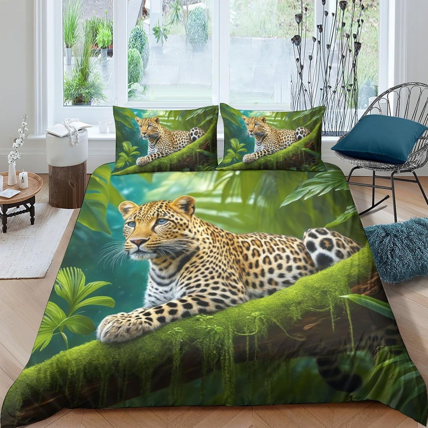 Housse de couette léopard 3D 260x240 cm avec taies d'oreiller pour grand lit deux personnes