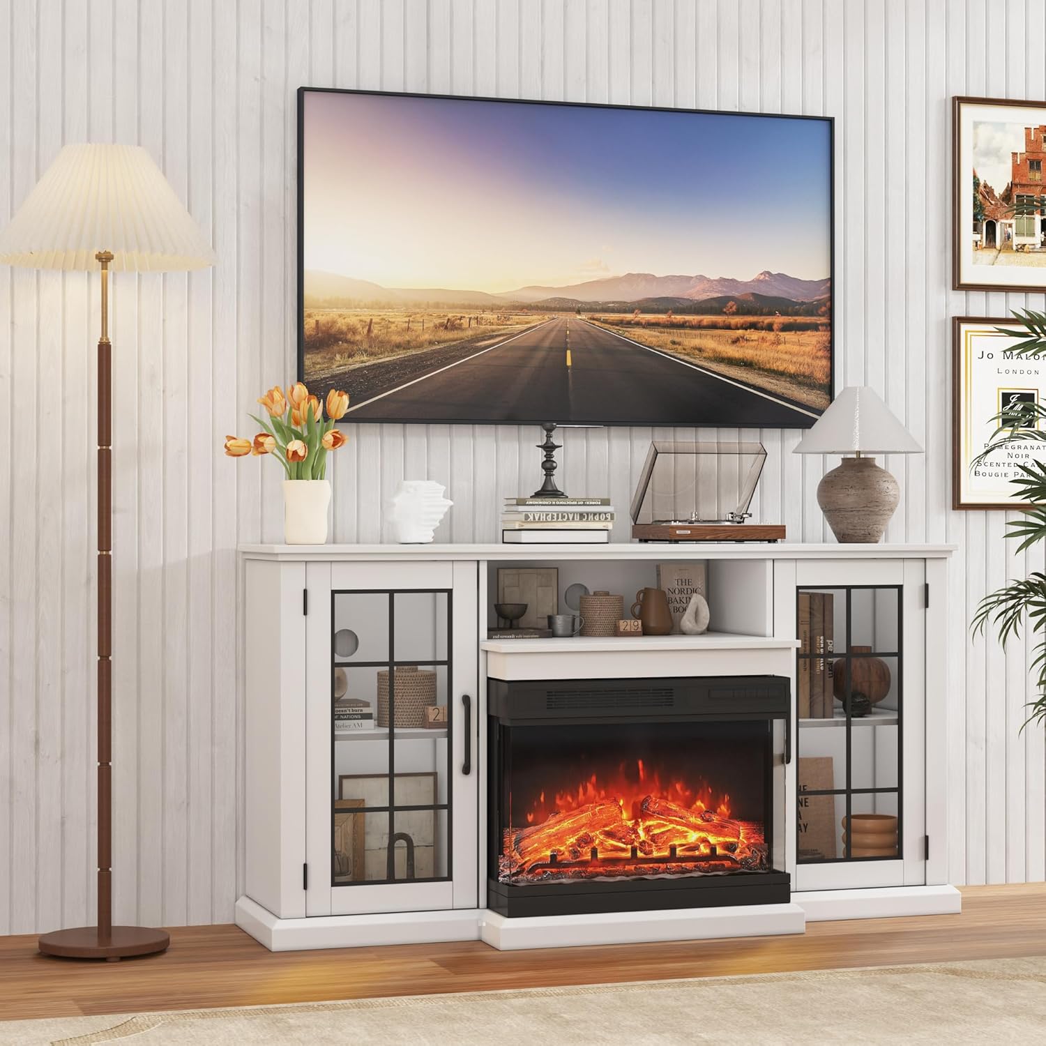 Fireplace TV Stand, 59'' TV Stand with 24" Fireplace, Electric Fireplace Heater, Entertainment Center with Frame and LED Light Colors, TV Console Cabinet