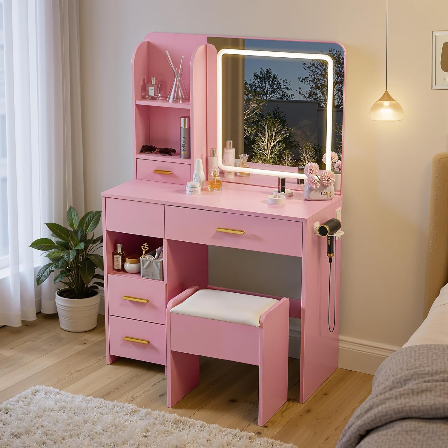 Vanity Desk with Mirror and Lights, 35'' Vanity with Storage Stool, 3 Adjustable Lighting Makeup Vanity Desk with Power Outlet & 5 Large Drawers for Bedroom, White