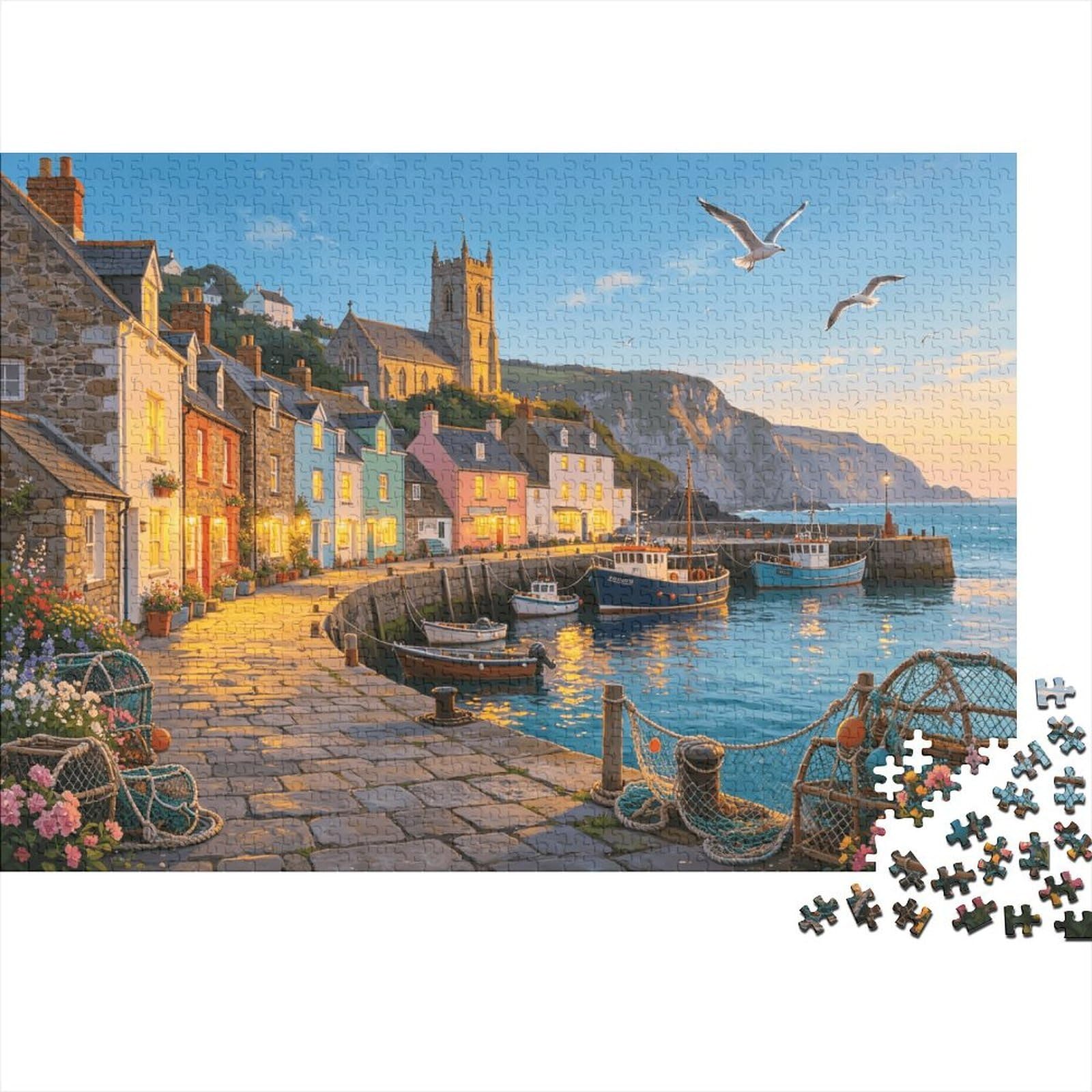 Coastal Village Senior Puzzles 1000 Piece Recycled Seaside Town Jigsaw Puzzles Puzzle Game Props Family Gaming Time Educational Game Challenge Gift 52x38cm/1000pcs