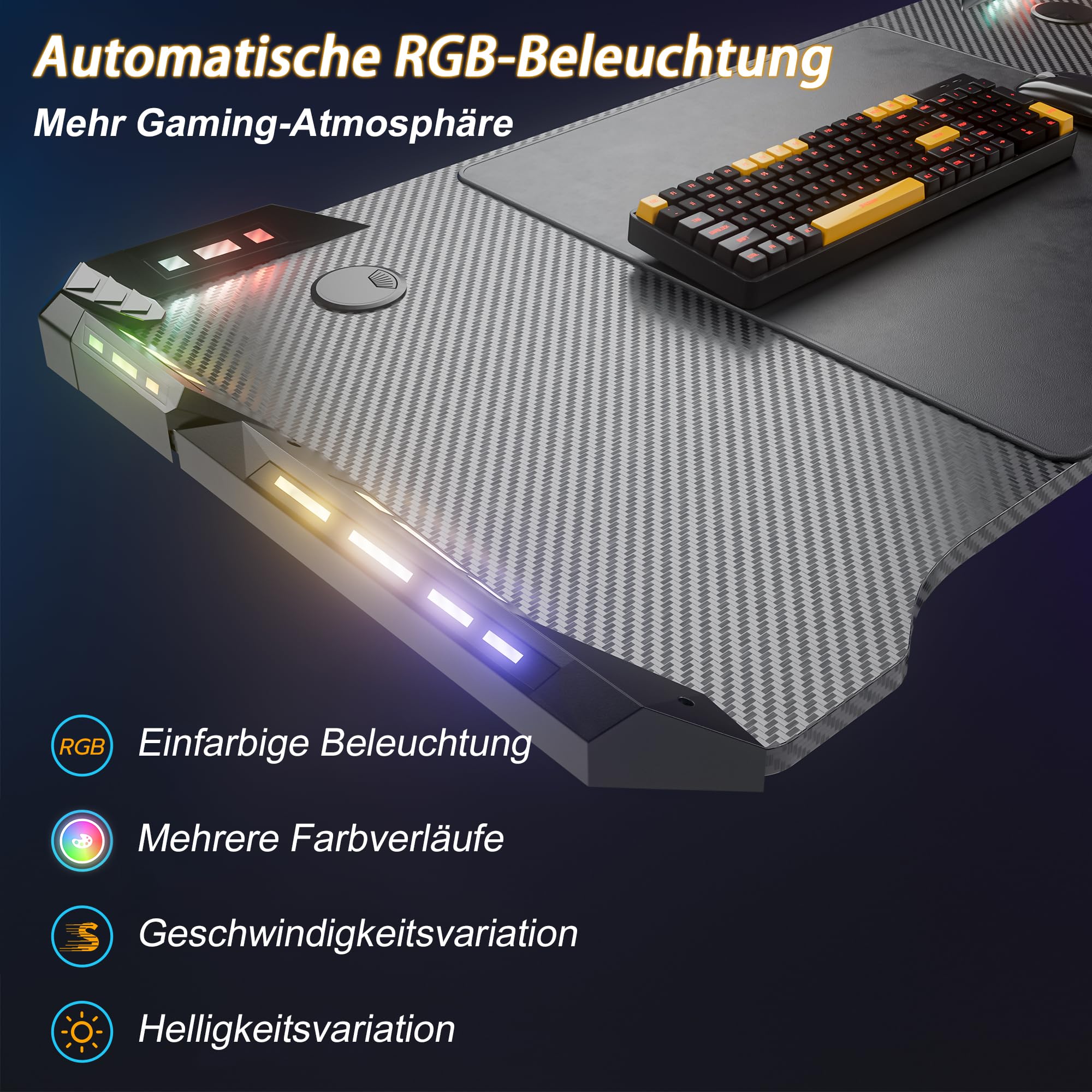 YRHome Gaming Schreibtisch Ergonomischer Bureau Gaming Mit LED Schwarz Table Gaming PC Tisch Mit Kohlefaserbeschichtung mit Getränkehalter und Kopfhörerhaken 140 x 60 x 73cm M Beine