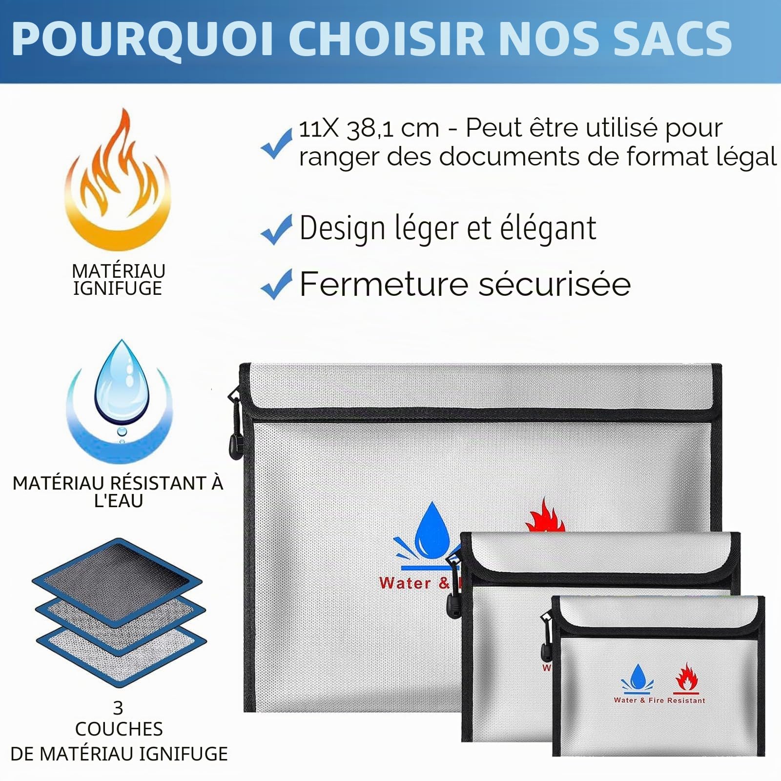 Sacs Anti-feu,3 Porte-Documents ignifuges | Sac étanche à feu pour, Fermeture à Zip Sécuritaire, Parfait pour Conserver Objets de Valeur, Passeports, Documents, Argent