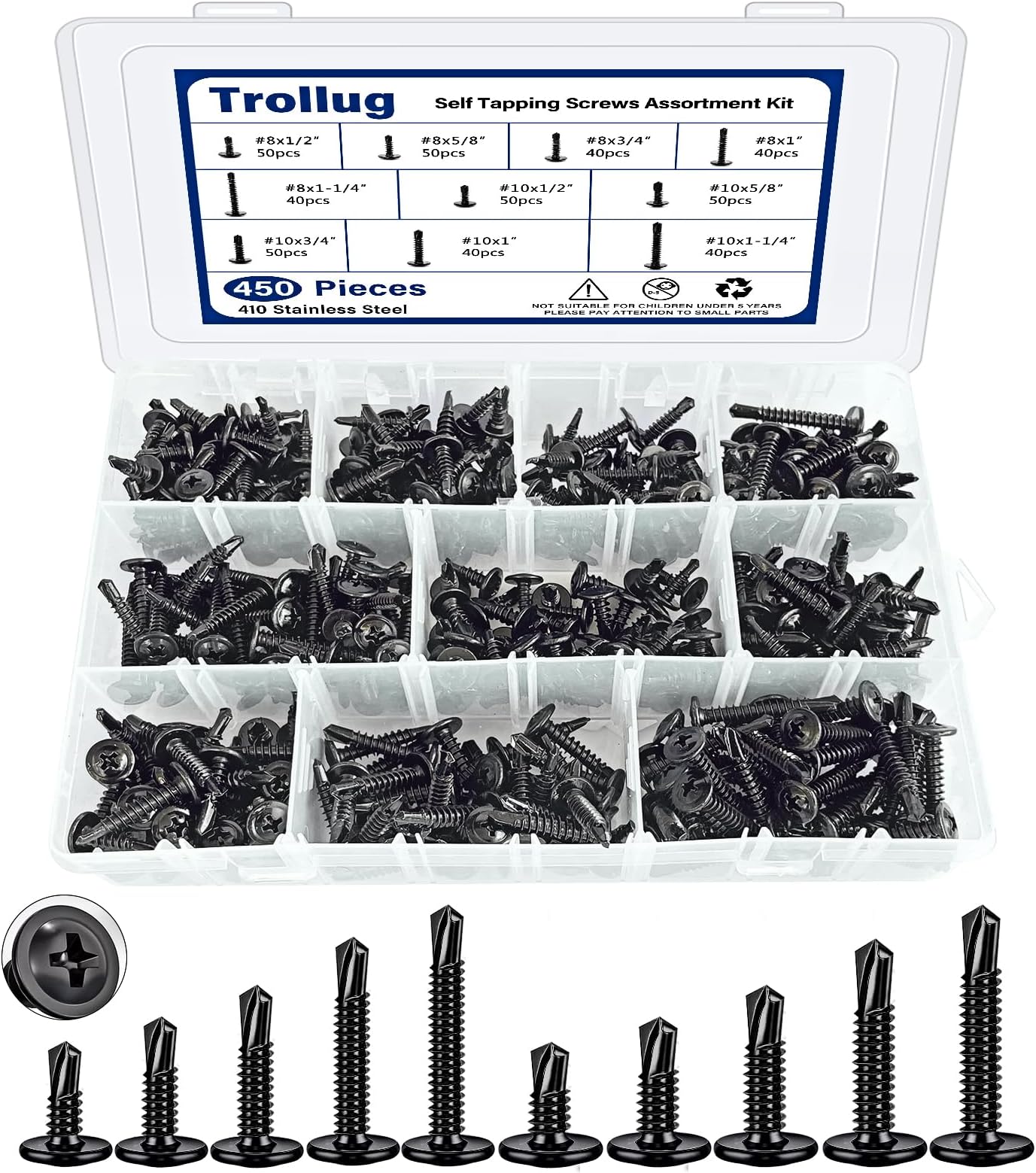 450PCS Self Tapping Screws for Metal, 410 Stainless Steel Self Drilling Screws #8#10 Truss Head Sheet Metal Screws Assortment Kits, Length 1/2"" to 1-1/4'' (Black)