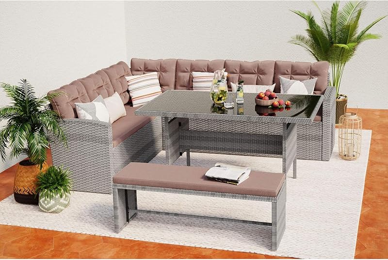 CONCEPT USINE | Salon de Jardin Angle Résine Tressée 8 Personnes | Moorea Salon Gris Clair Coussin C