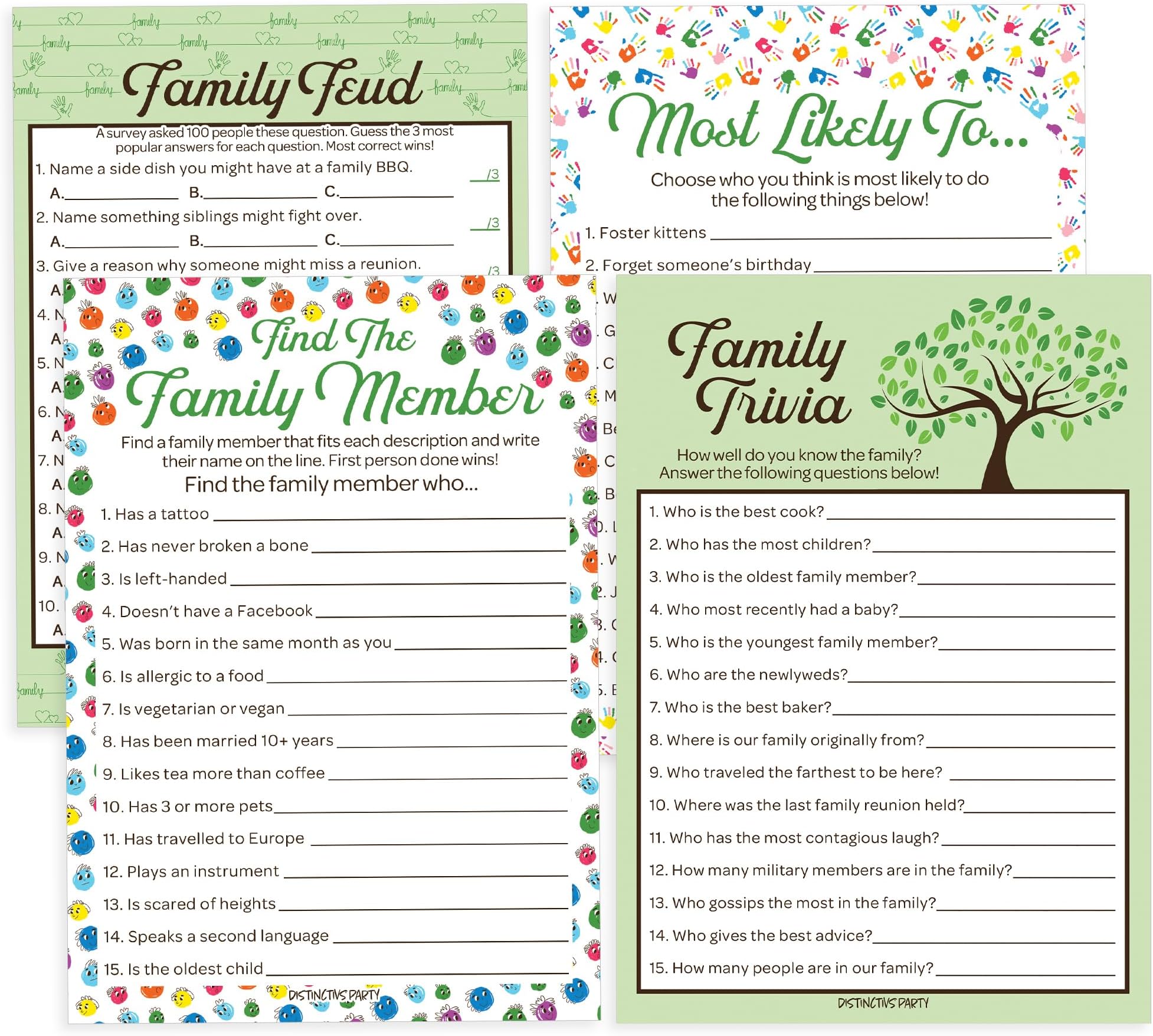 DISTINCTIVS Family Reunion Game Pack - Family Trivia, Most Likely to, Family Feud & Find The Family Member - 4 Game Bundle for 20 Guests