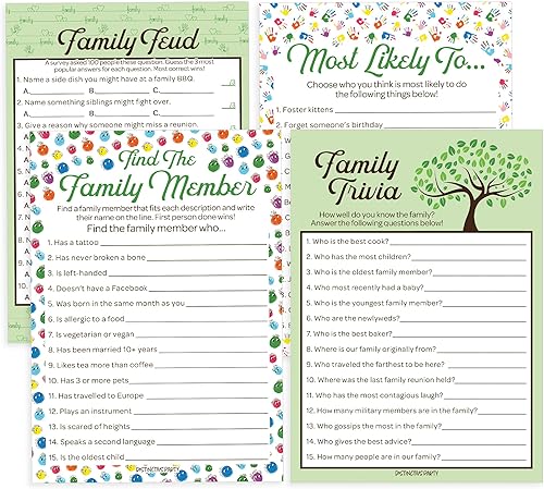 DISTINCTIVS Family Reunion Game Pack  Trivia familiar, más probable, pelea familiar y encuentra al miembro de la familia  Paquete de 4 juegos para
