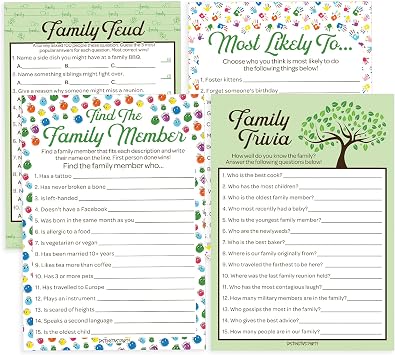 DISTINCTIVS Family Reunion Game Pack - Family Trivia, Most Likely to, Family Feud & Find the Family Member - 4 Game Set for 20 Guests