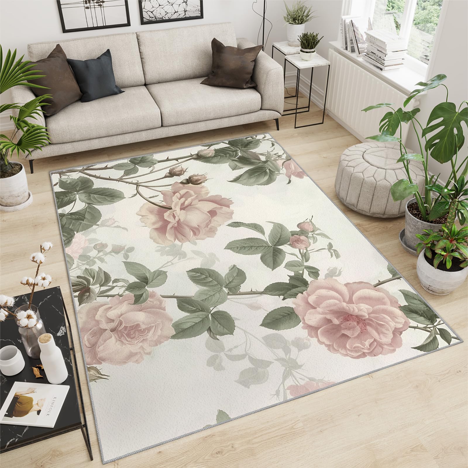 Tapis de Cuisine Vintage Antique Roses - 80 x 150 cm Tapis Shabby Chic pour Porte, Tapis de Chambre Floral de Campagne Antidérapant Anti-Fatigue pour Hall d'Entrée, Couloir