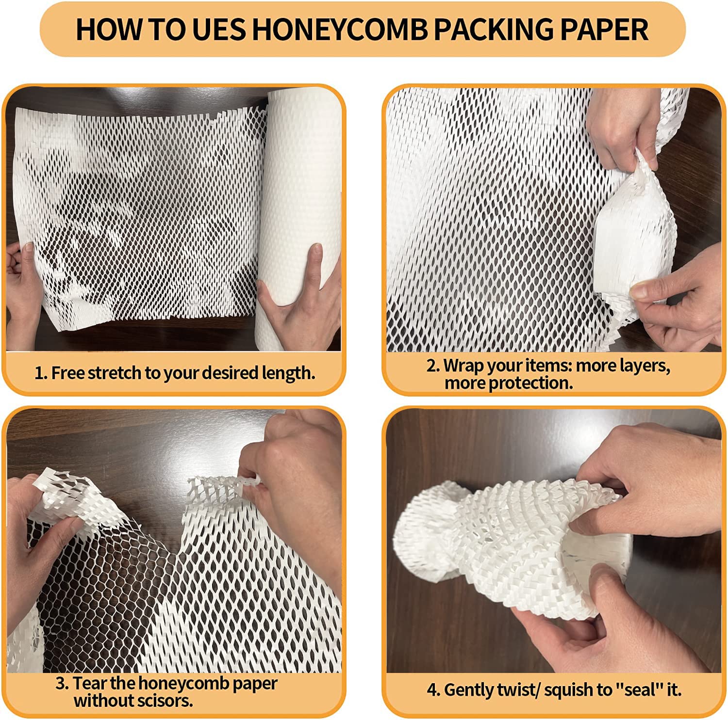 Papel de embalaje de panal, 15 x 255 pies, material de cojín ecológico y reciclable, envoltura de burbujas para mudanzas, suministros rompibles con 20 etiquetas adhesivas frágiles (blanco)