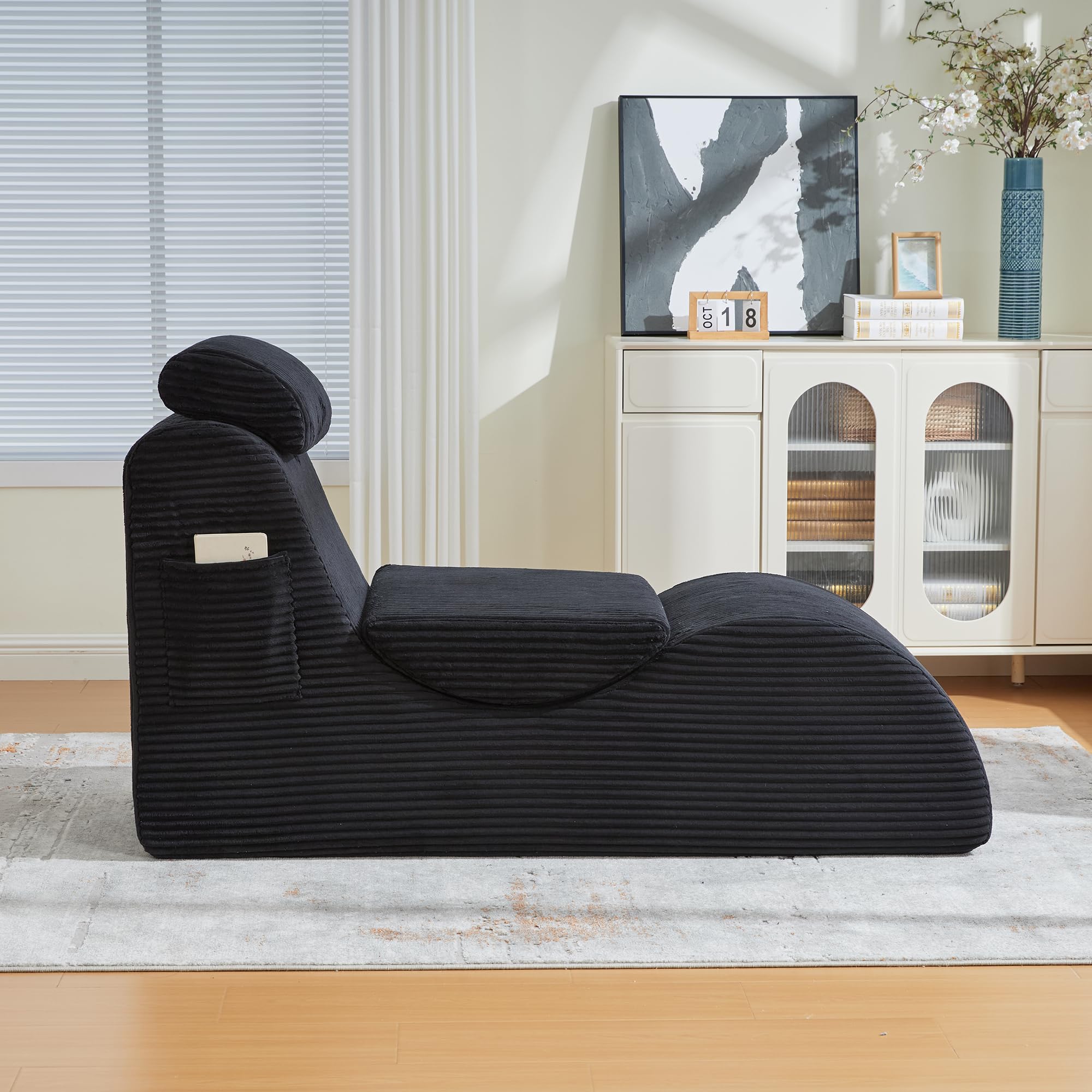 TIZZ Sillón de ocio moderno con forma ergonómica, de espuma de compresión altamente elástica, cojín de asiento extraíble y bolsillo lateral para sentarse cómodamente en el día a día. Negro