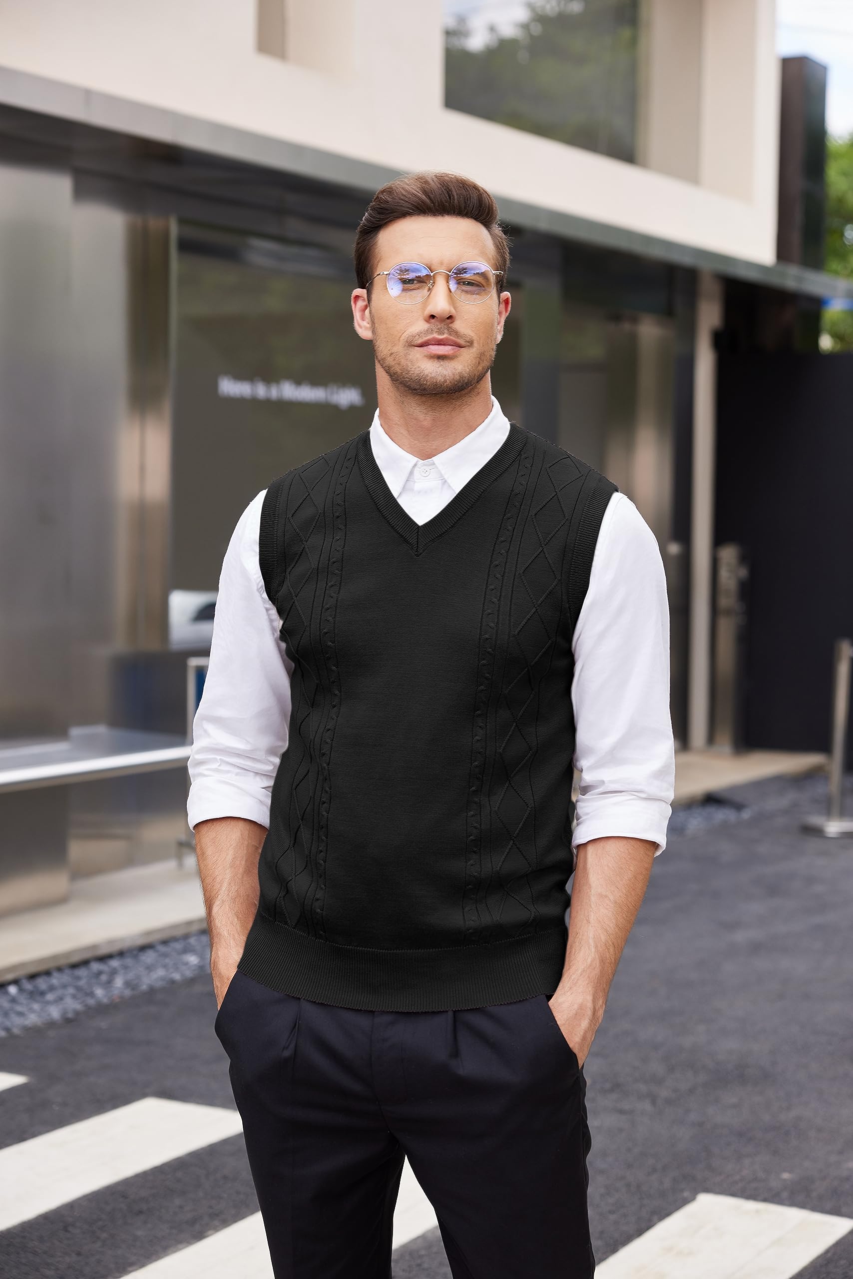 COOFANDY Homme Pulls sans Manche Gilets à Col V Tricoté Business Débardeurs Hiver Classique