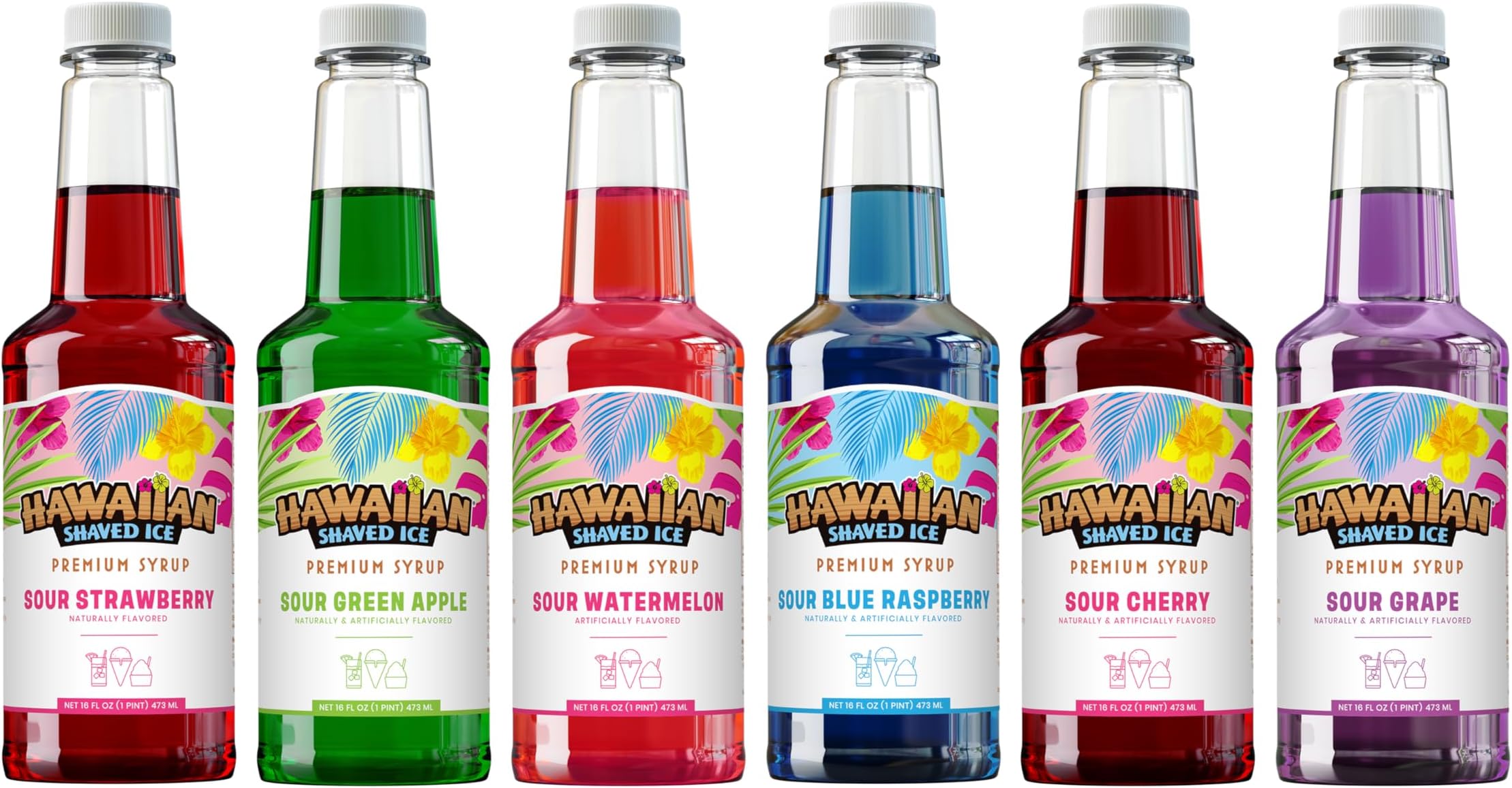 Syrup Pint 6-pack, Sour Cherry, Sour Grape, Sour Blue Raspberry, Sour Green Apple, Sour Watermelon, & Sour Strawberry for Slushies, Italian Soda, Seltzers, Popsicles, and More