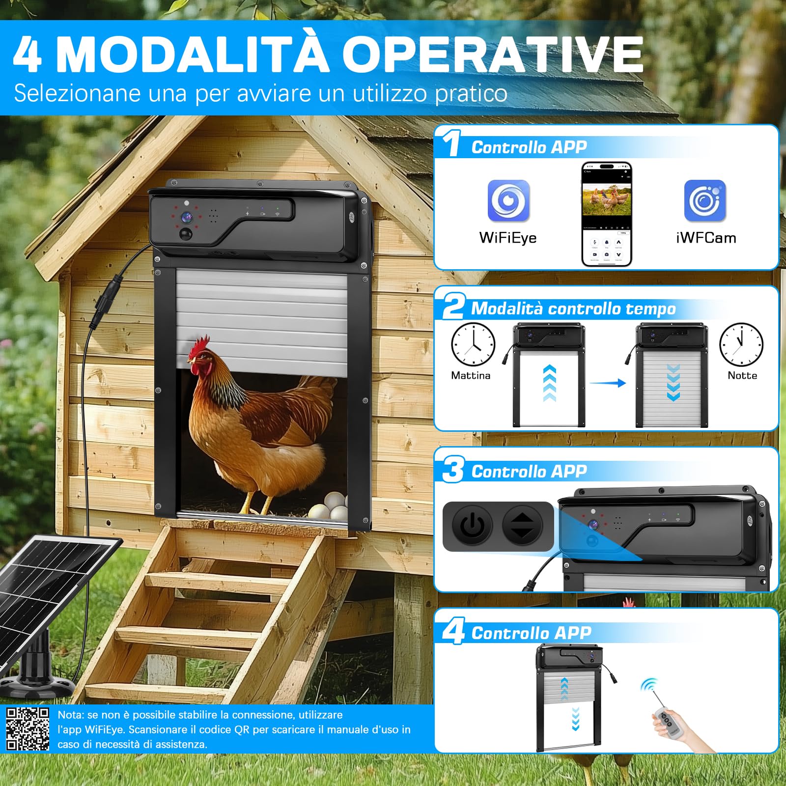 Porta Automatica per Pollaio Solare, con fotocamera 1080P, controllo app e Wi-Fi, visualizzazione in tempo reale dello stato della porta, funzione di chiamata vocale e timer, batteria da 5000 mAh