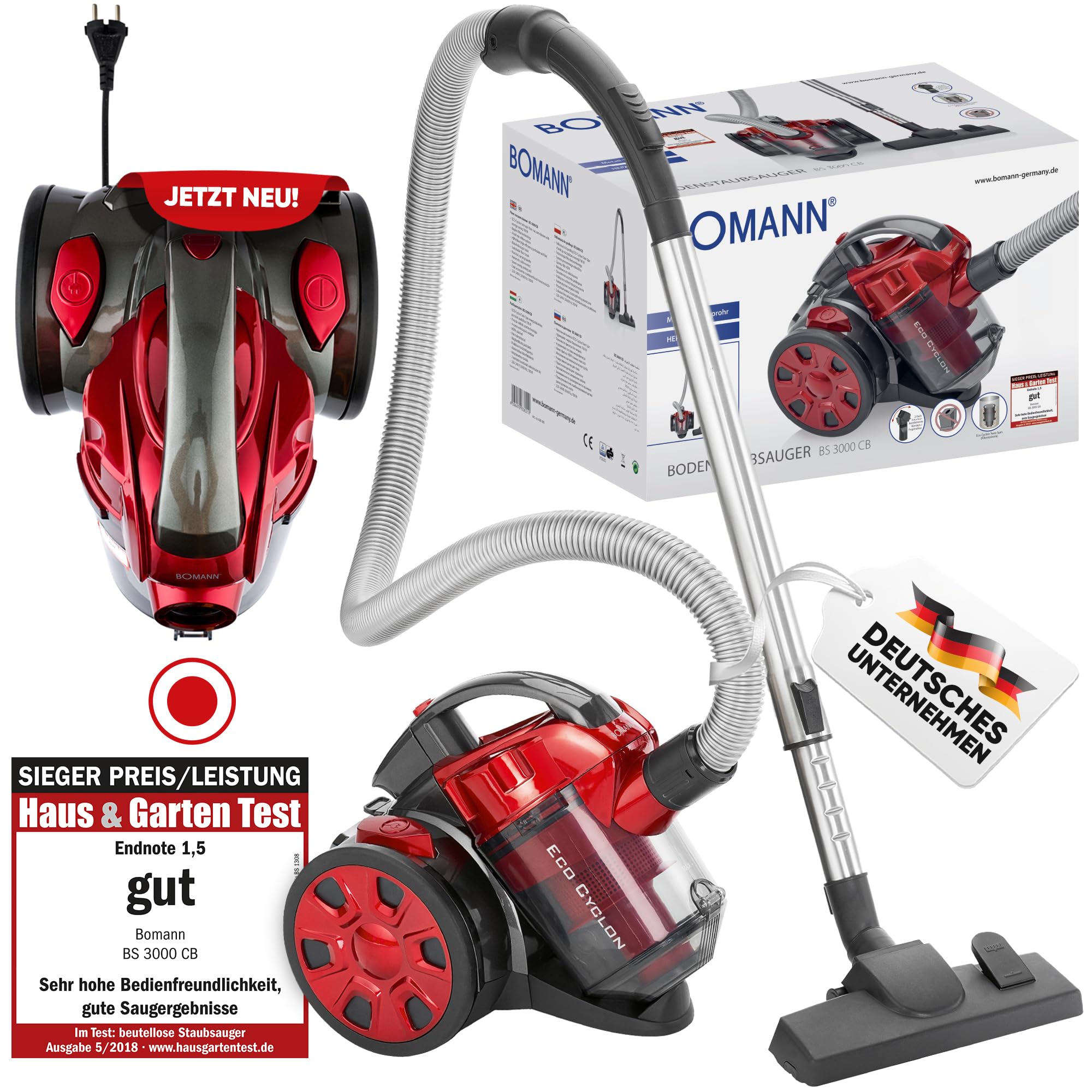 Bomann Bodenstaubsauger mit energiesparenden 700 Watt | Staubsauger mit 4-Fach Mikrofiltersystem | Sauger ohne Beutel | Inkl. HEPA-Filter | Metall-Teleskoprohr | Umschaltbare Bodenbürste | BS 3000 CB