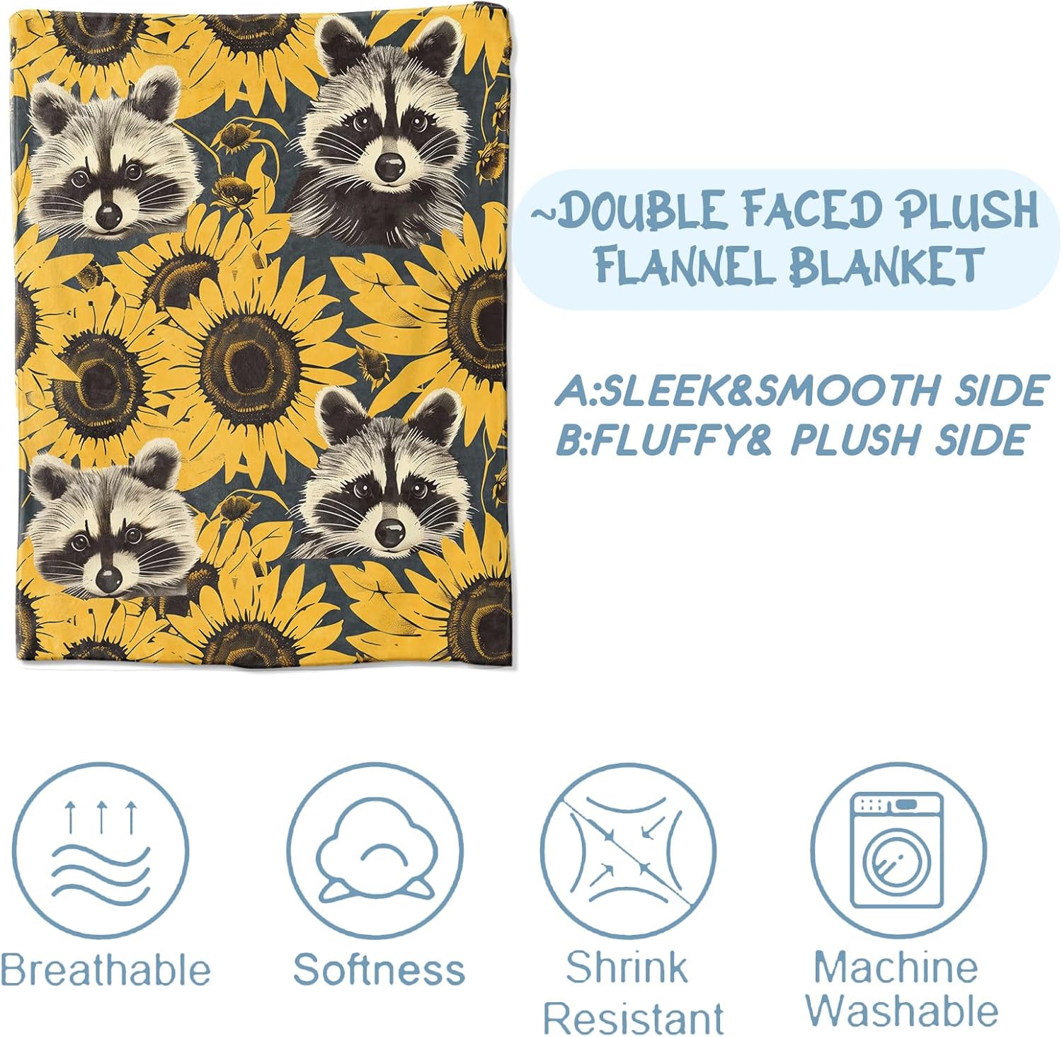 Raccoon Sunflower Blanket,Gifts for Wildlife and Flower Lovers,Lightweight Flannel Throw Blankets,Retro Animal and Floral Throws Home Decor,for Couch Living Room Office,60x50inch - Image 4