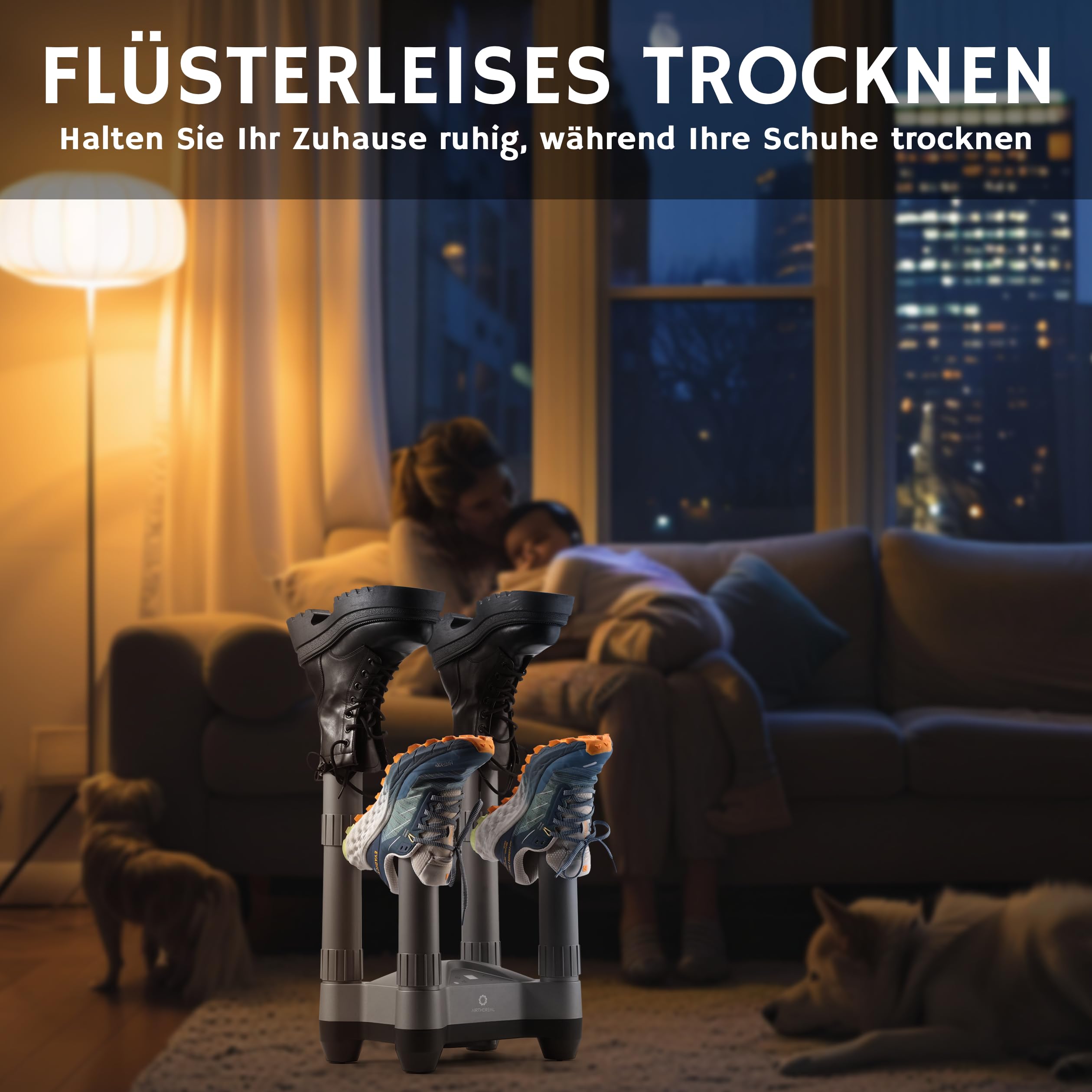 AIRTHEREAL SD20 Elektrischer Schuhtrockner mit Timer & Ozon-Desinfektion | 110W Warmluft für 2 Paar | Teleskop-Stiefeltrockner für Skistiefel, Arbeitsschuhe, Sneaker & Handschuhe | Grau