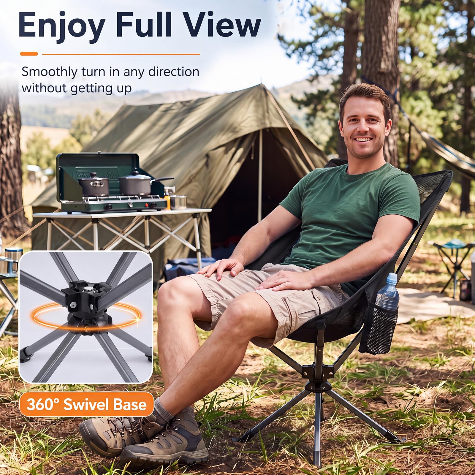 COSTWAY Campingstuhl Faltbar Ultraleicht Kleines Packmaß 360° Drehbar | Klappstuhl mit Getränkehalter & Seitentasche, Angelstuhl 150KG Belastbar, Faltstuhl für Picknick, Outdoor, Wandern