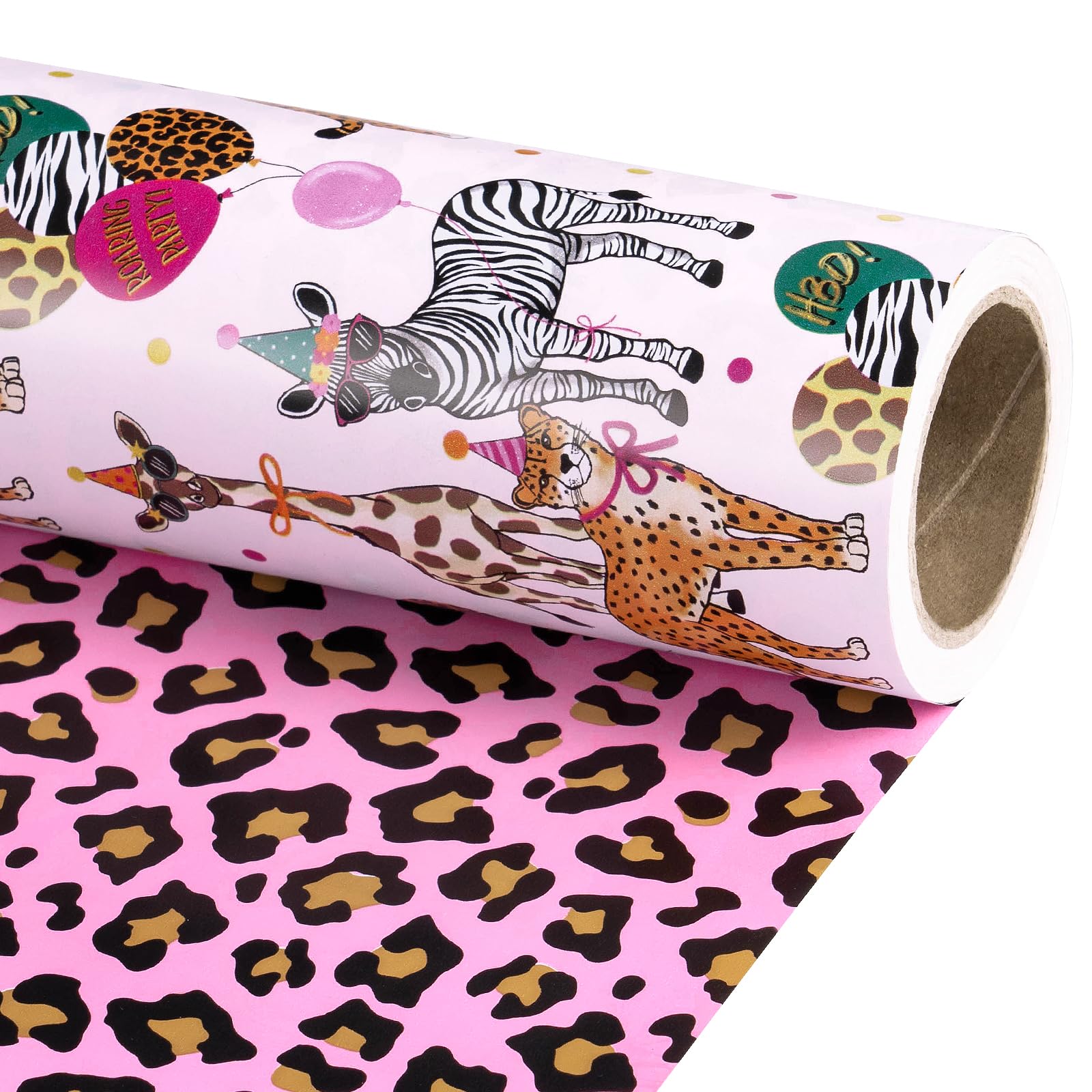 RUSPEPA Mini Reversible Birthday Gift Wrap Roll - Safari Animals Party & Pink Leopard Print, 43.2cm x 5m - Ideal for Girls Birthday Parties, Baby Shower