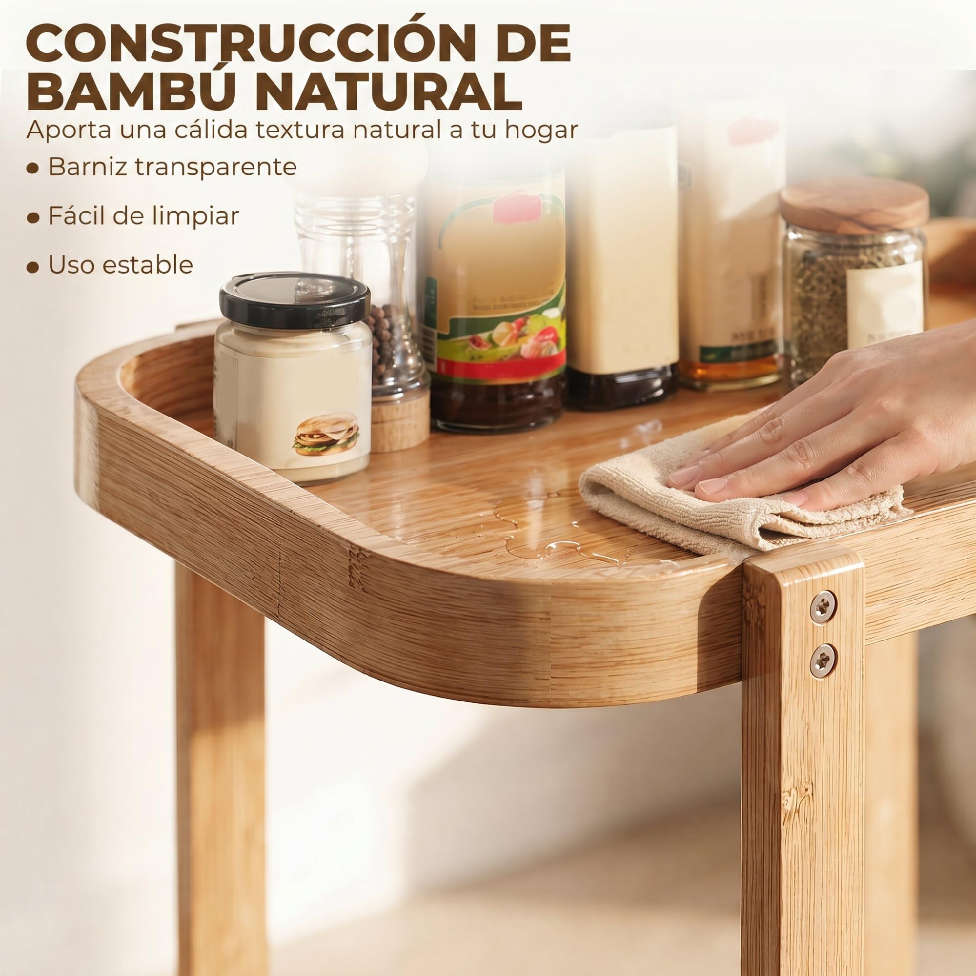 HOMCOM Carrito de Cocina de Bambú de 2 Niveles 54x36,5x60 cm Natural | Carrito Auxiliar de Cocina con Ruedas, 2 Estantes Abiertos, Diseño Curvo, para Comedor