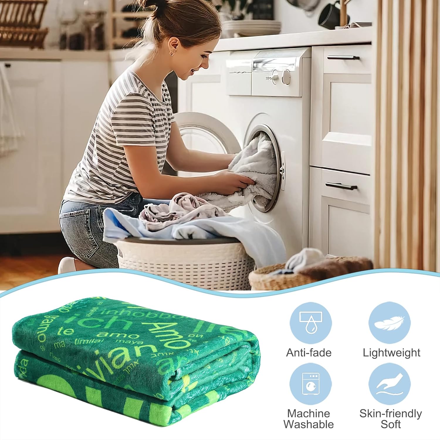TURMTF Mothers Day Birthday Gifts for Mom, I Love You Mom Blanket 100 Languages Mom, Best Gifts for Mom from Daughter Son, Mom Throw Blanket for Couch Bed, Mom Green Blanket, 50''x60''
