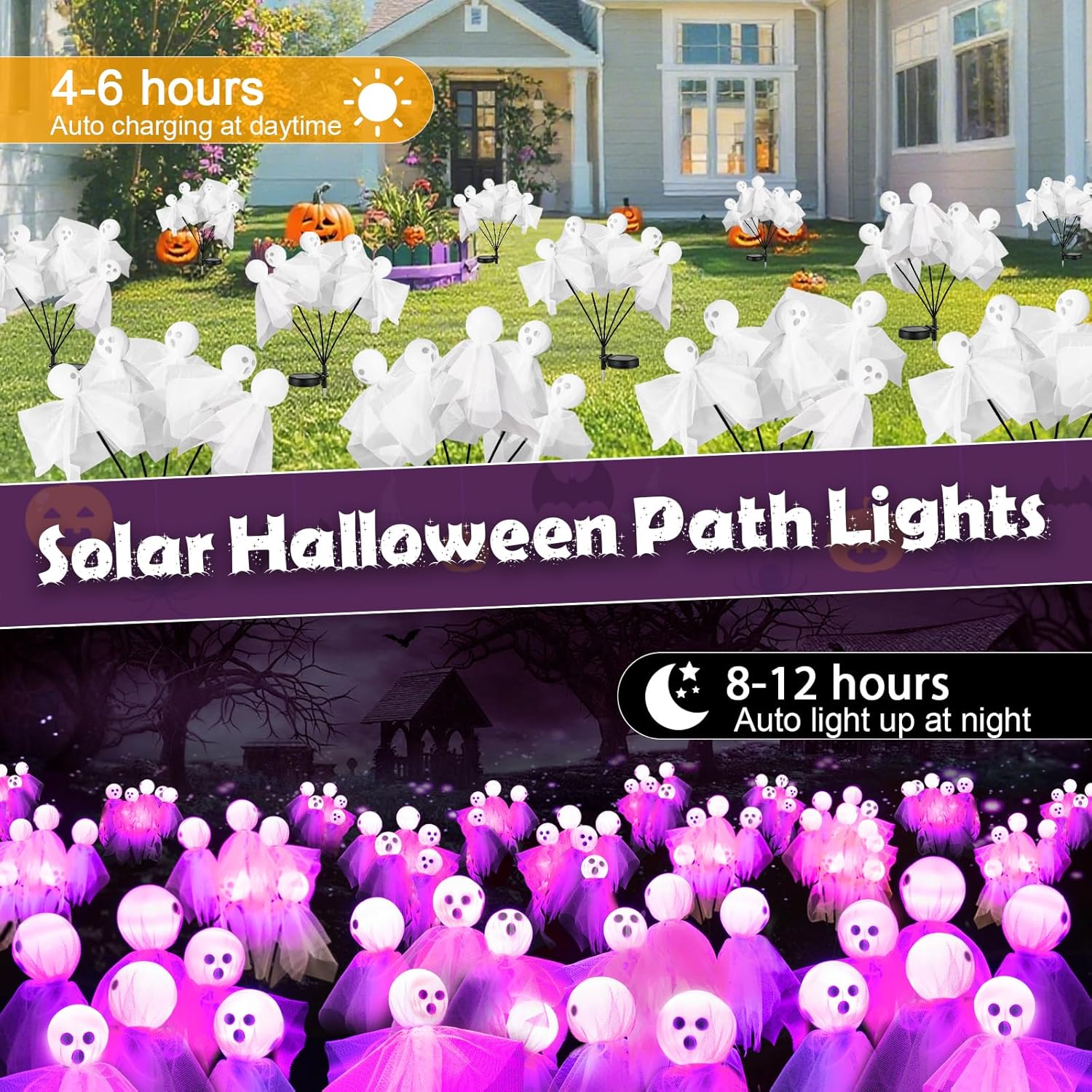 Halloween Decorations Outdoor, Solar Scary Ghosts Lights, 4 Packs 24 LED Swaying Firefly Light & Ghost Decor, Waterproof Halloween Path Lights for Garden, Lawn, Patio, Yard, Party Decor, Purple
