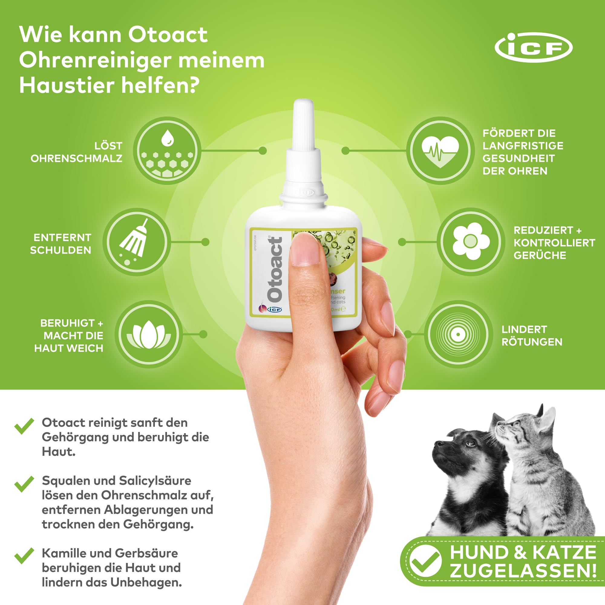 Otoact Ohrenreiniger für Hunde & Katzen | Sanfte Ohrreinigungslösung | Entfernt Ohrenschmalz & Unterstützt die Ohrenhygiene | Einfache Anwendung & Nicht reizend | 100ml