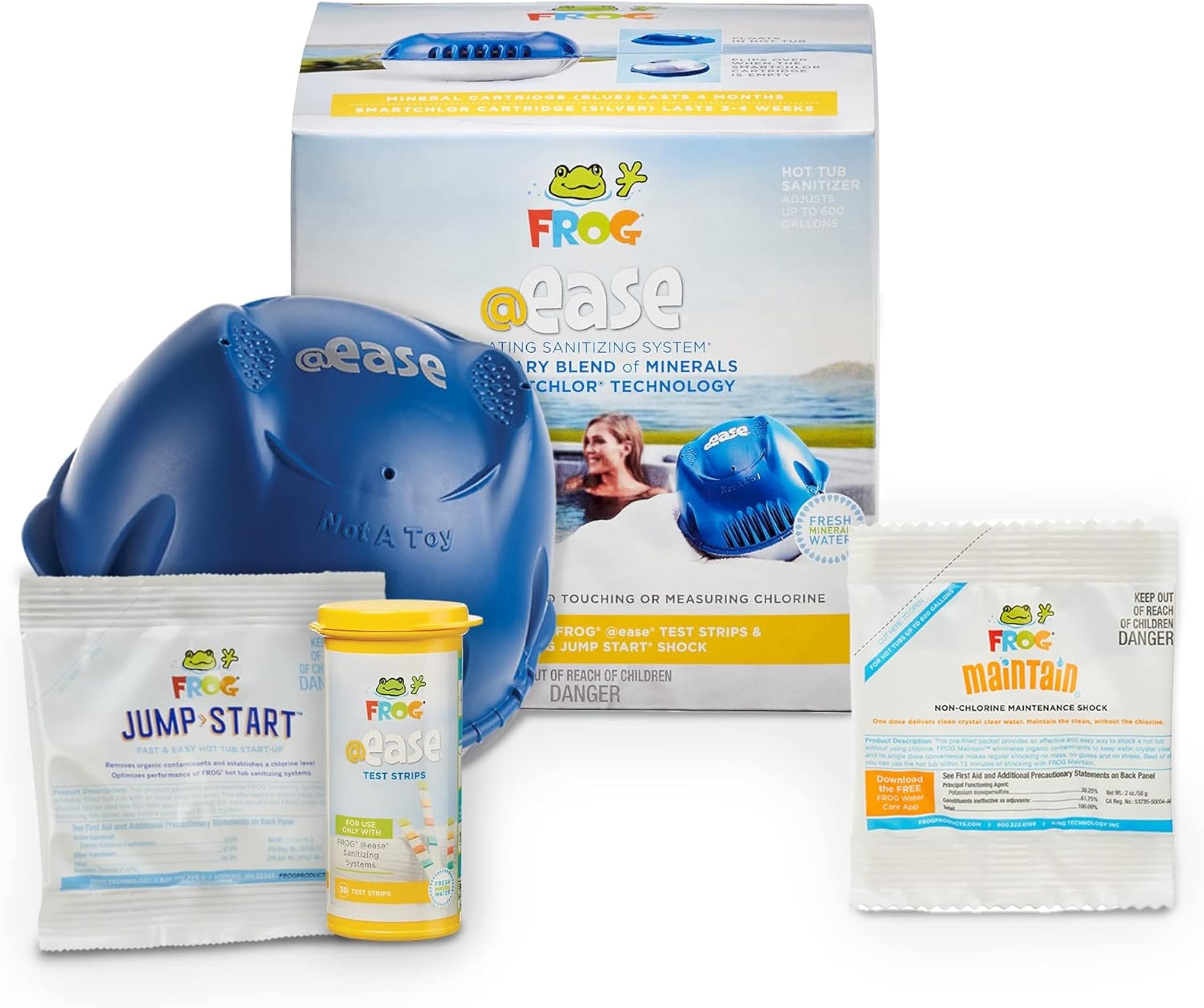 FROG @Ease Floating Sanitizing System for Hot Tubs up to 600 gallons, Self-Regulating Spa Sanitizer + 1 Packet of FROG Maintain Non-Chlorine Shock Treatment, Cyanuric Acid Free