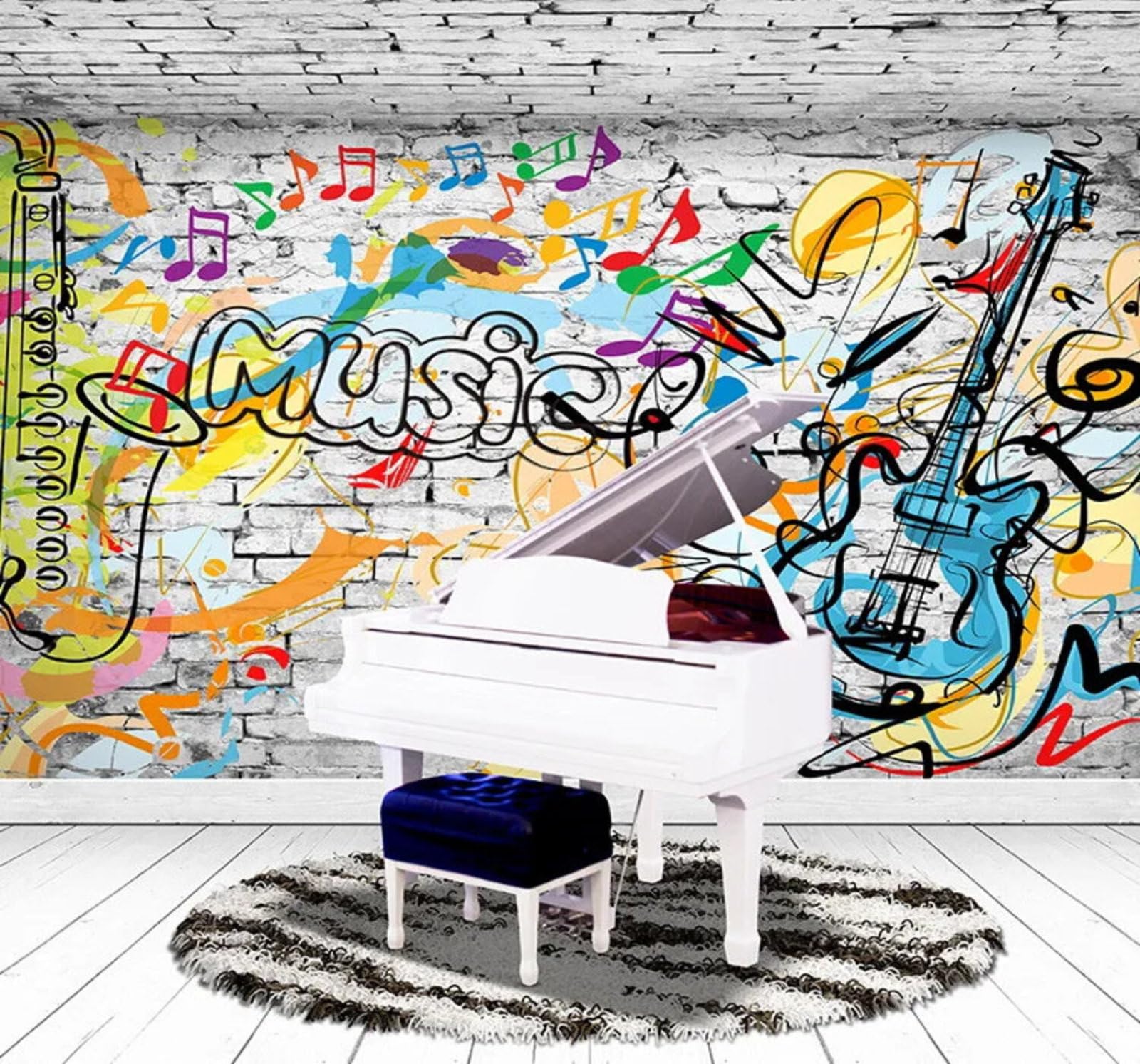 Wallpaper-3D-Xlm 250Cm×170Cm(B×H) Retro Hand Drawn Graffiti Music Guitar 3D Wallpaper Easy Install Feature Office Living Room Sofa Bedroom Tv Background Wall Decoration-250Cm×170Cm